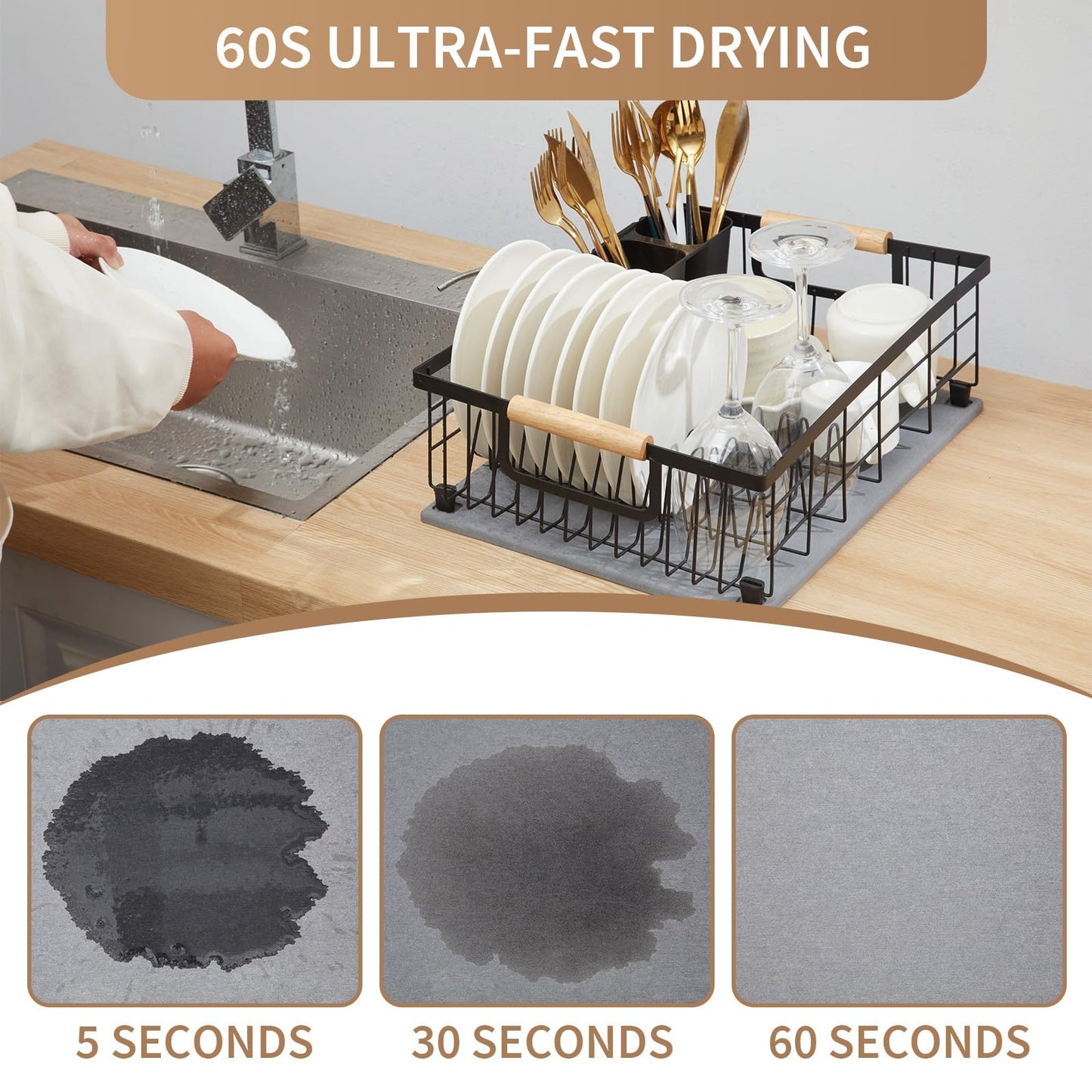 Lalaunicky Dish Drying Rack with Stone Dish Drying Mat for Kitchen Counter, Dish Drainer with Diatomaceous Earth Quick Dry Mat, Organization and Storage Essentials with Cup & Cutlery Holders