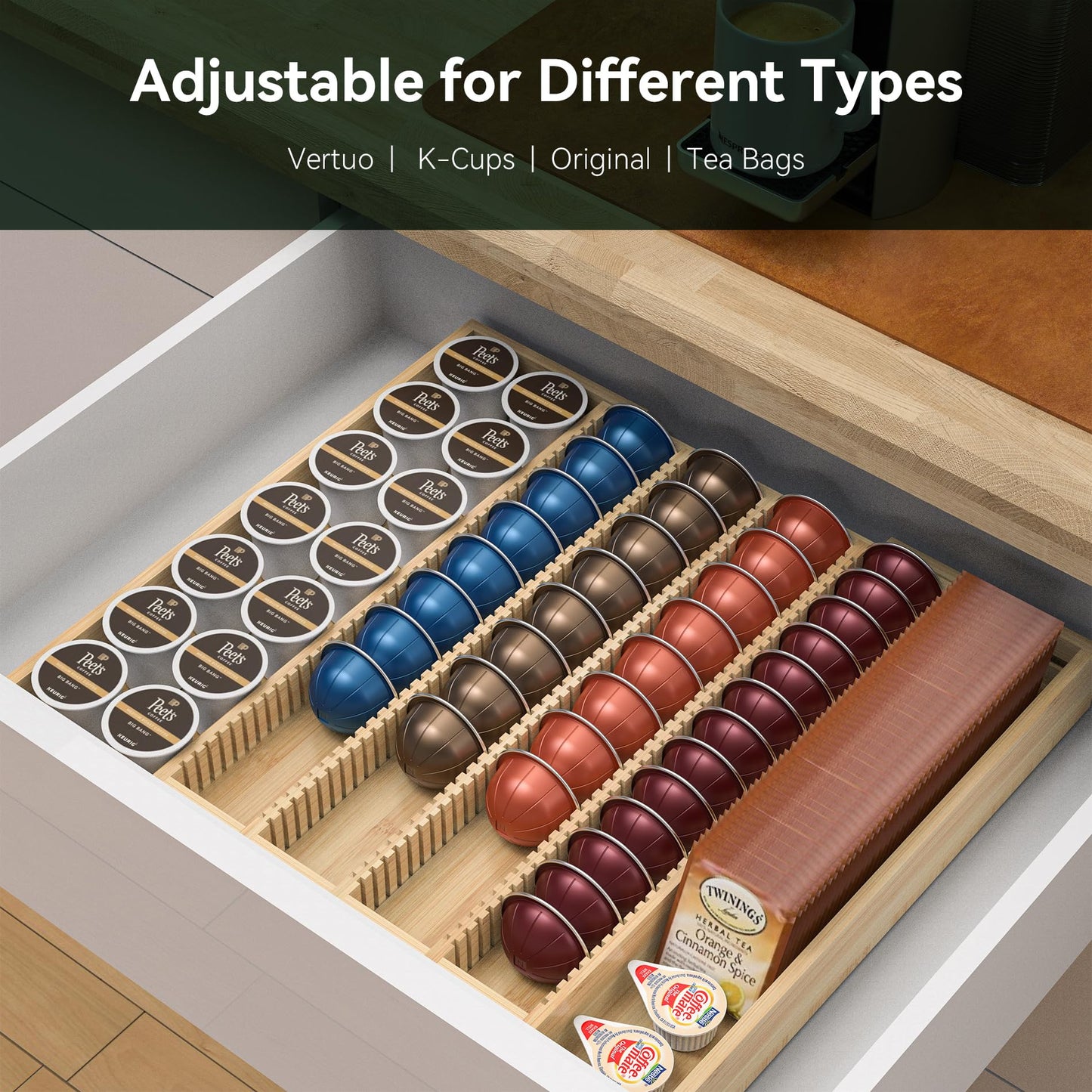 WELL WENG Larger Expandable Bamboo Organizer Holder for Counter Drawer Insert - Compatible with Nespresso Vertuo Capsules - Tea Bags Storage (Natural) 10.8" -19"W x15.67"Dx1.9"H