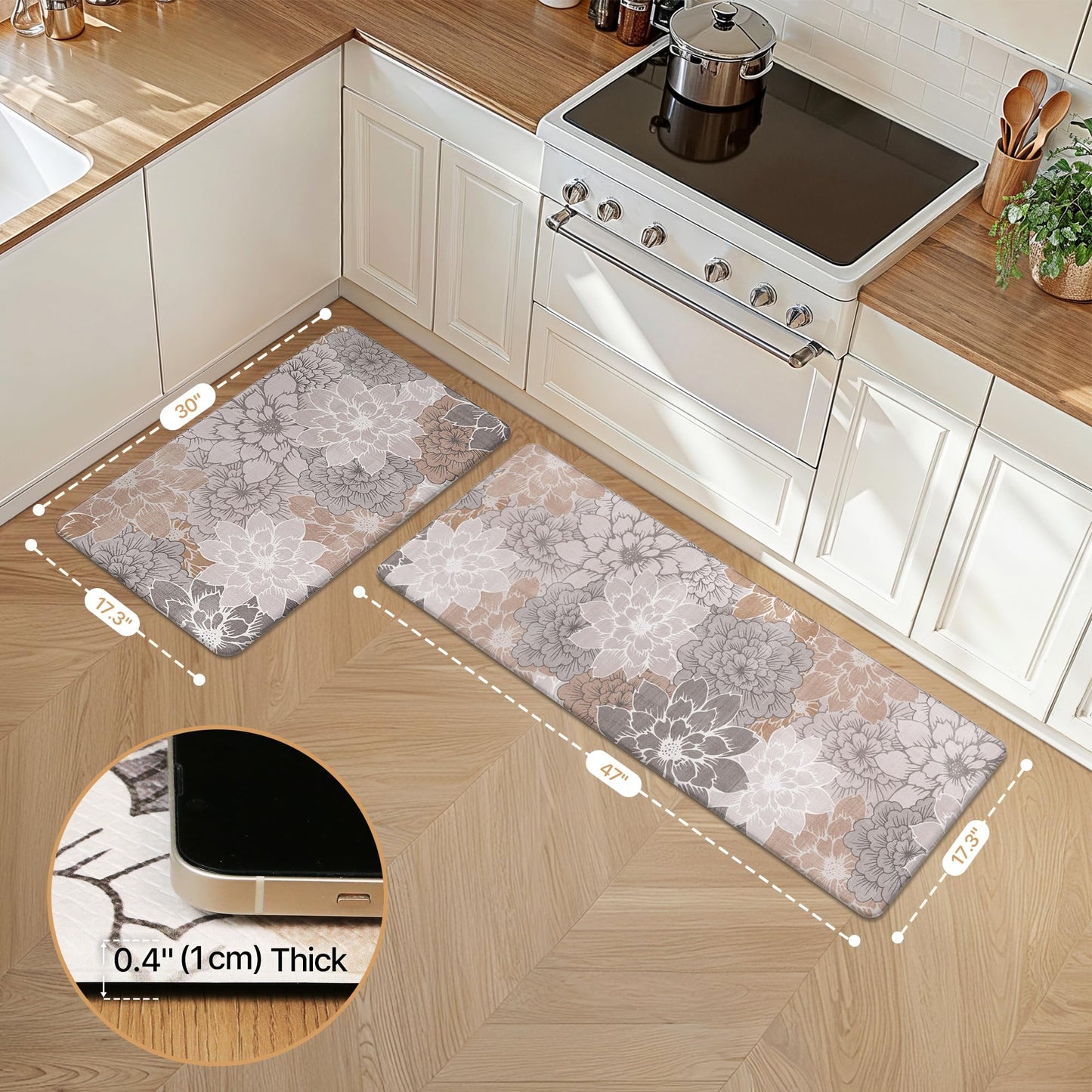 GENIMO Kitchen Mats for Floor, Kitchen Rugs Non Slip Washable Sets of 2, Waterproof Cushioned Anti Fatigue Mat, Floral Runner Rug for Laundry, Sink, Office, Home, 17.3"x47"+17.3"x30", Taupe Grey