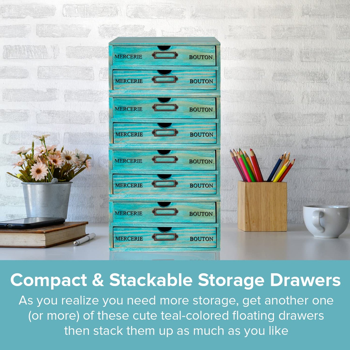 Turquoise 4-Tier Drawer Unit - Teal European Country Style Desk Organizer Box - 9.7x7x10 Wooden Stackable Drawers - Countertop Organizer Drawers w/Label Holder - 4-Level File Drawer Unit
