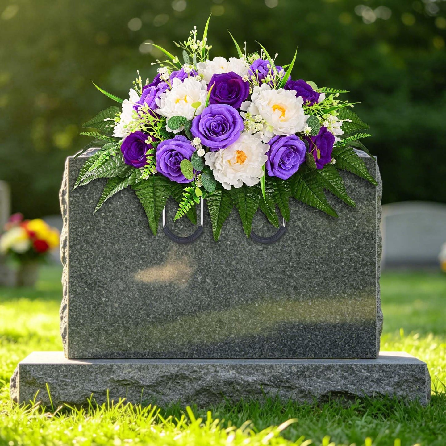 Yastouay Headstone Flower Saddle, Artificial Cemetery Flowers for Grave, Realistic Memorial Day Flowers with Peony Rose, UV Resistant Grave Decorations for Cemetery, Easter Mother’s Day (Purple)