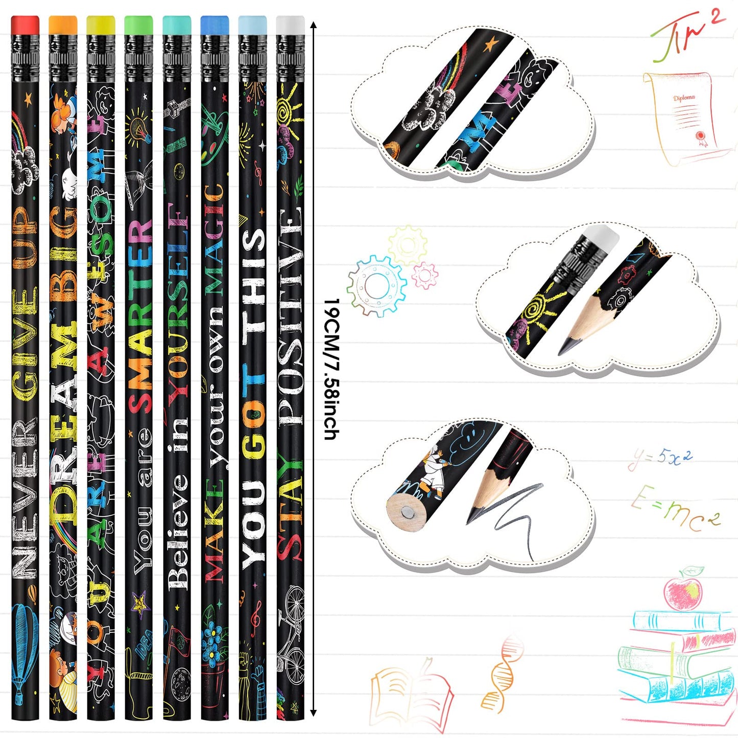 Pasimy 240 Pieces Bulk Inspirational Pencils Colorful Cute Motivational Pencil with Eraser Wood Fun Positive Pencils with Inspiring Words Sayings for Students Classrooms Favors Back to School
