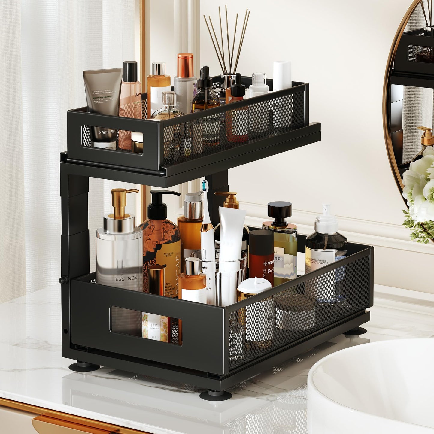 Corbyles 2 Pack Under Sink Organizer with Next-Gen Ball-Bearing Slides,2-Tier Pull Out Cabinet Storage,Height Adjustable Drawer Shelf for Bathroom,Kitchen,Laundry,Cabinet,Pantry(Patent Pending)