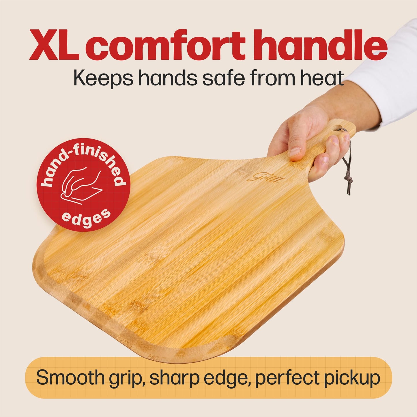 HANS GRILL Wooden Pizza Peel 12 Inch - Bamboo Wood Pizza Peel 12 Inch Paddle For Oven - Restaurant Grade Natural Bamboo Paddle, Multi-use Spatula - Large Wooden Board For Serving and Transferring