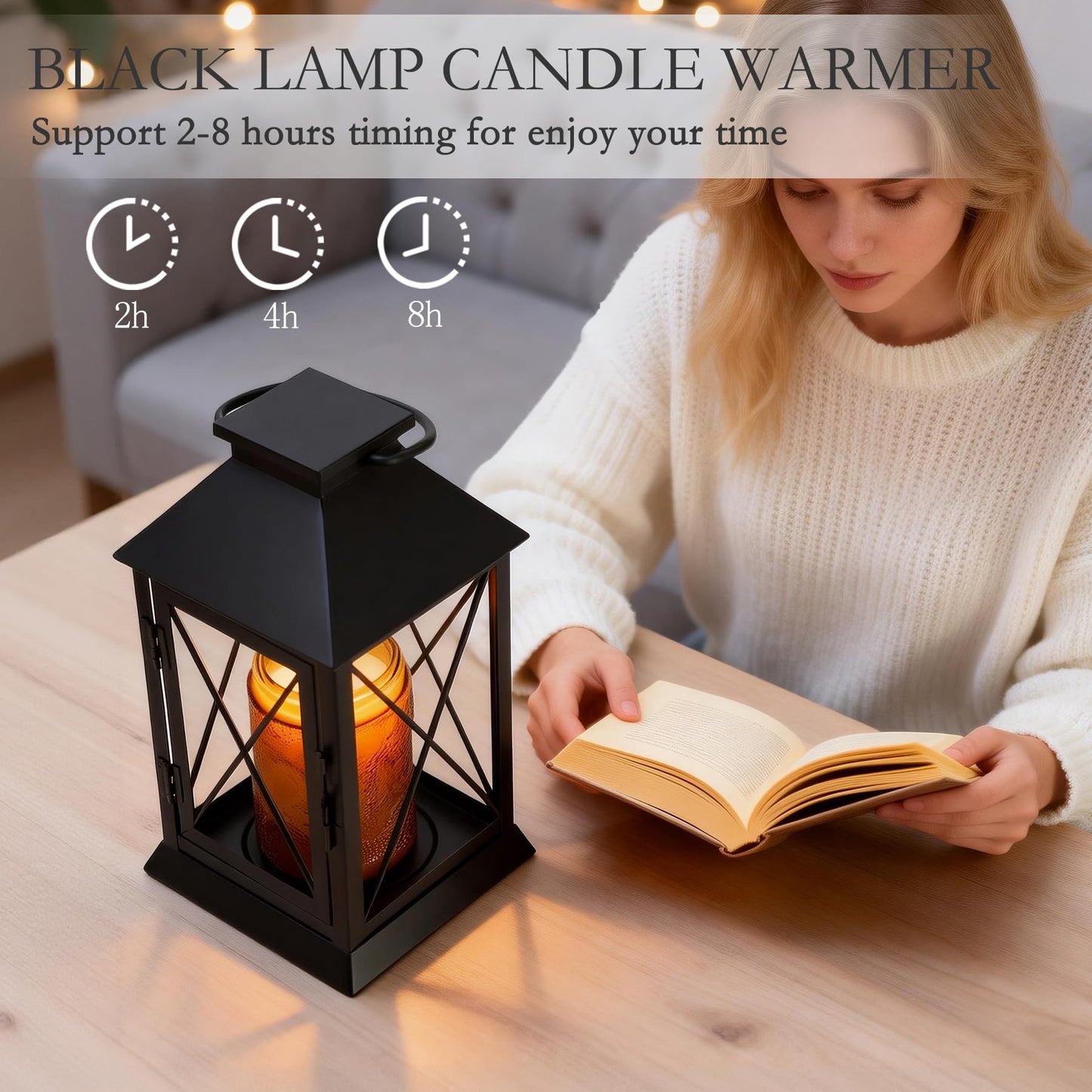 Aaffkaa Candle Warmer Lamp with Timer Dimmable,Compatible with 3 Wick Candle/Large Candle,Vintage Lamp Candle Warmer Lantern Farmhouse Style,Fully Enclosed Designed and Hanging Up-Black