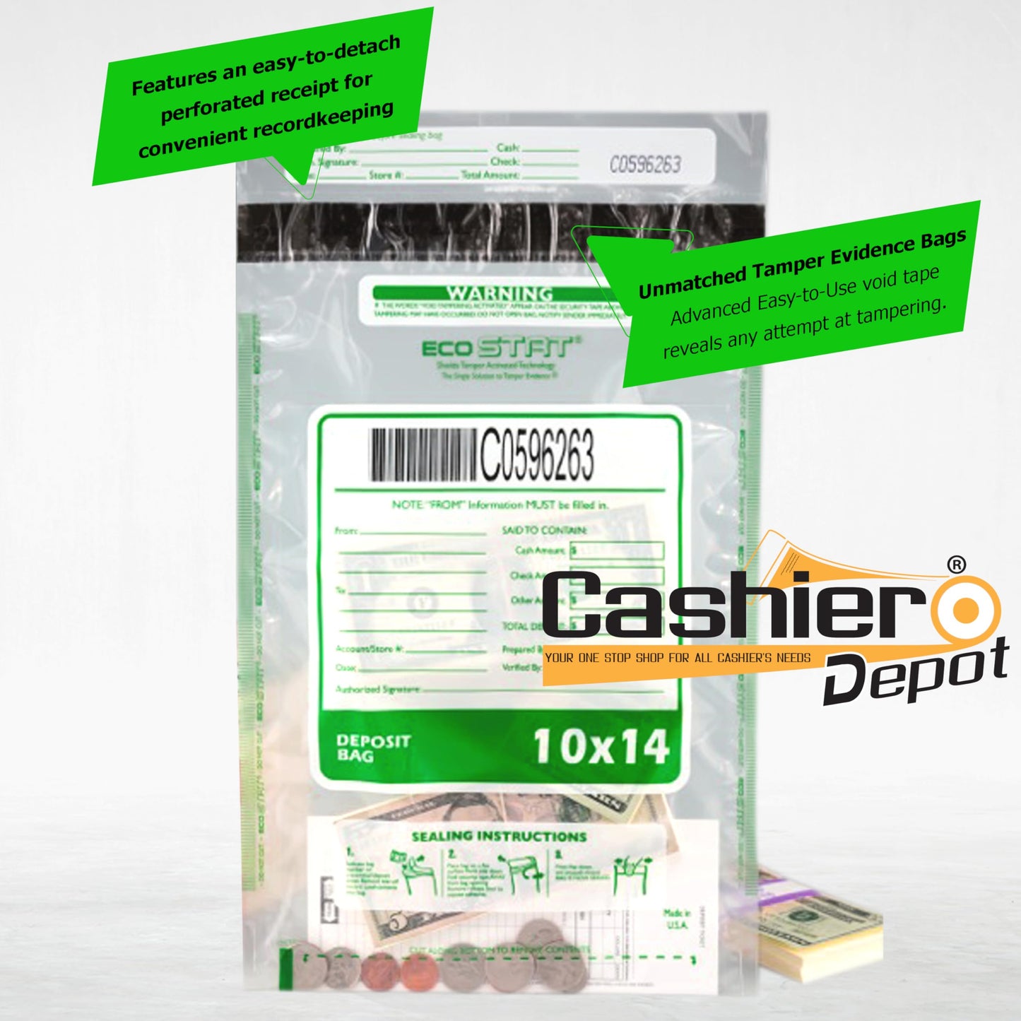 100 Cashier Depot Tamper Evident Deposit Bags, 10" x 14", Clear, Plastic, Press & Seal VOID Closure, Serialized Barcode, Perforated Receipt, 100 Count
