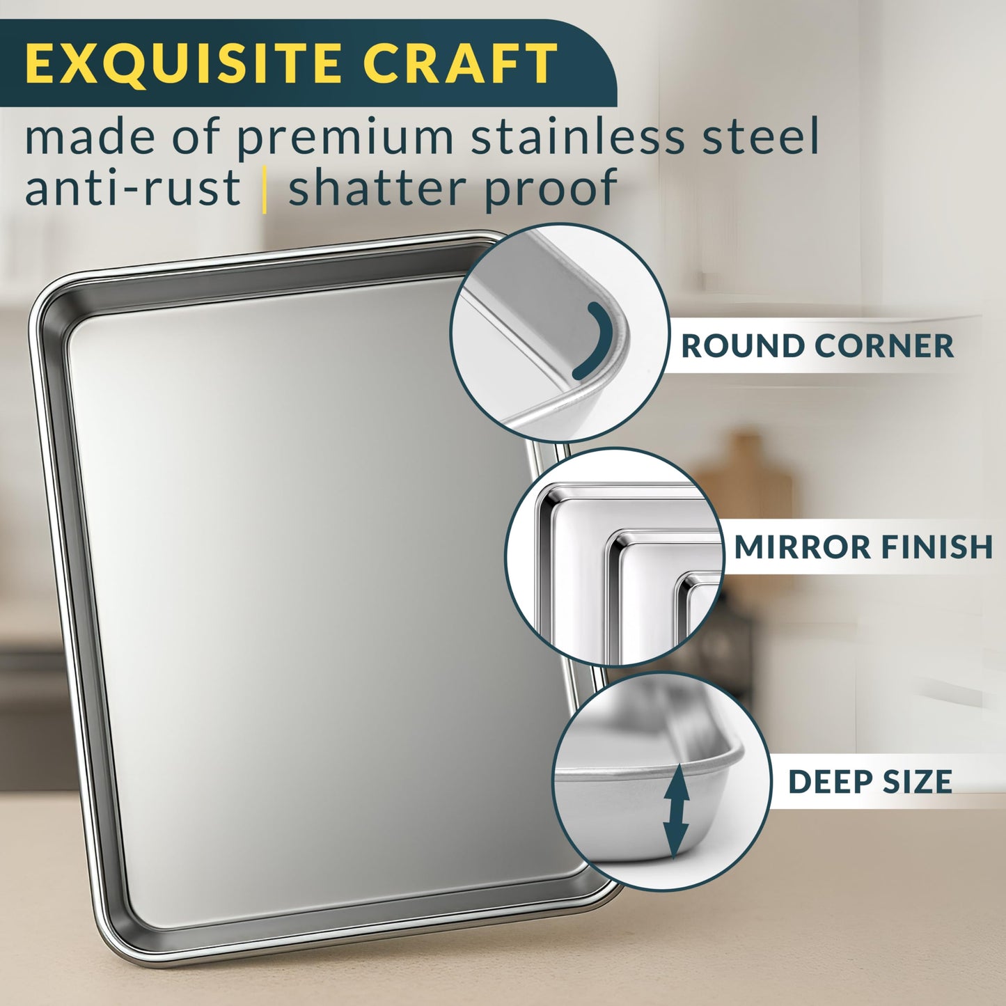 Baker’s Signature Stainless Steel Cookie Sheet Pan, Stainless Steel Baking Sheet Set of 3, Mirror Finish, Non-Stick, Rust Resistant, BPA Free, Dishwasher Safe, 9/12/16 Inch