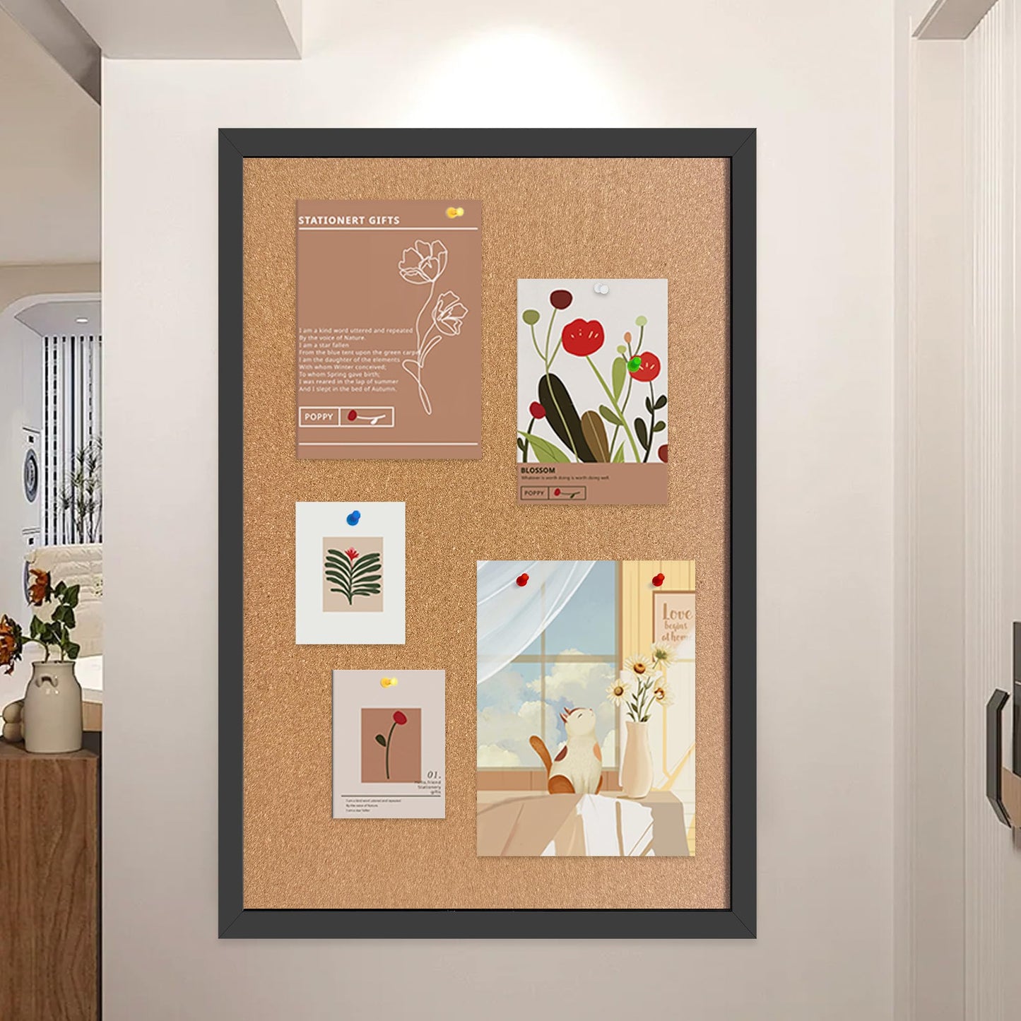 Yunihome Cork Bulletin Board, 36x24 Inches Hanging Cork Board Wooden Framed with Pins for Wall, Dorm Room, Office, Home Decor – Natural Cork & Black Frame