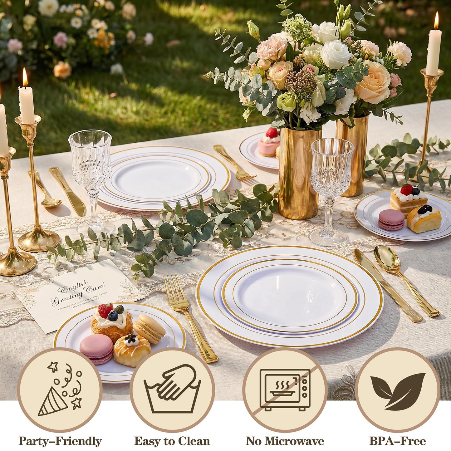 I00000 102 Pieces Gold Plastic Plates, Disposable Party Plates White Gold Rim, 51 Disposable Gold Dinner Plates 10.25 Inch and 51 Disposable Dessert Appetizer Elegant Fancy Wedding Plates 7.5 Inch