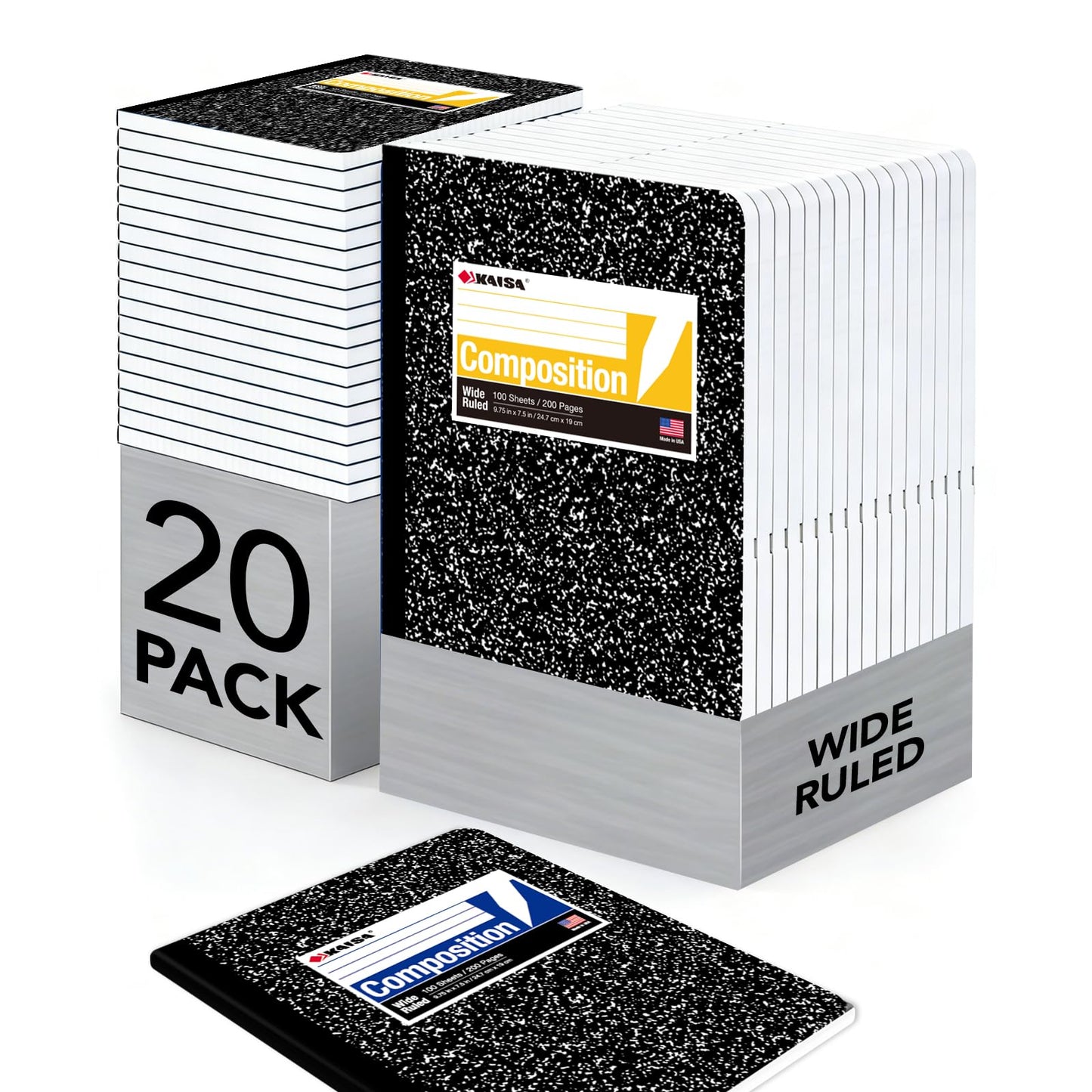 KAISA Composition Notebooks 100Sheets Comp Book,Wide Ruled 9.75x7.5inch, Classic Marble Composition Books, Carton of 20pads, C10001W