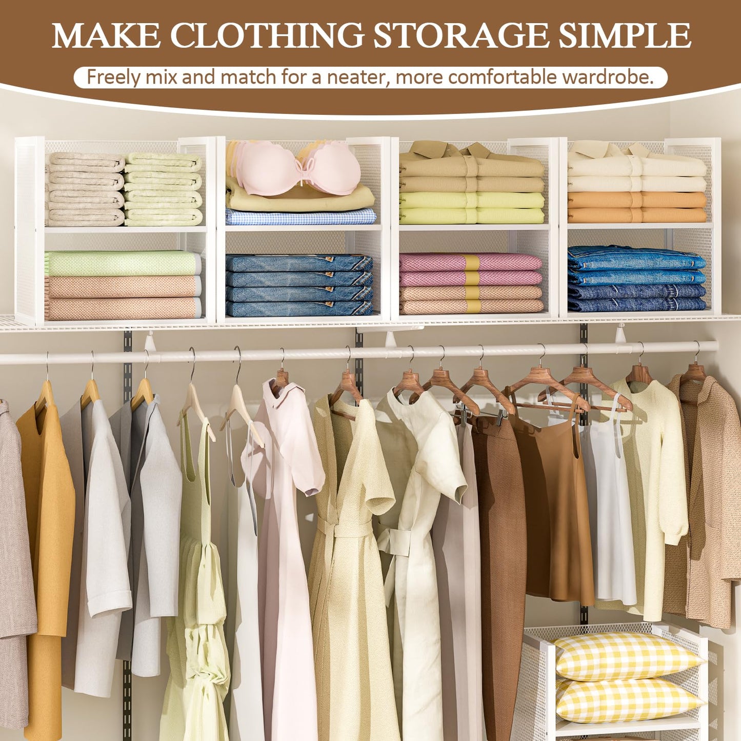 4-Tier Stackable Closet Organizers and Storage Basket, Wire Clothes Shelf Organizer Bins, Sweater Storage for Wardrobe Cupboard, Multifunctional Cube Storage Box for Kitchen Bath Laundry Room, White