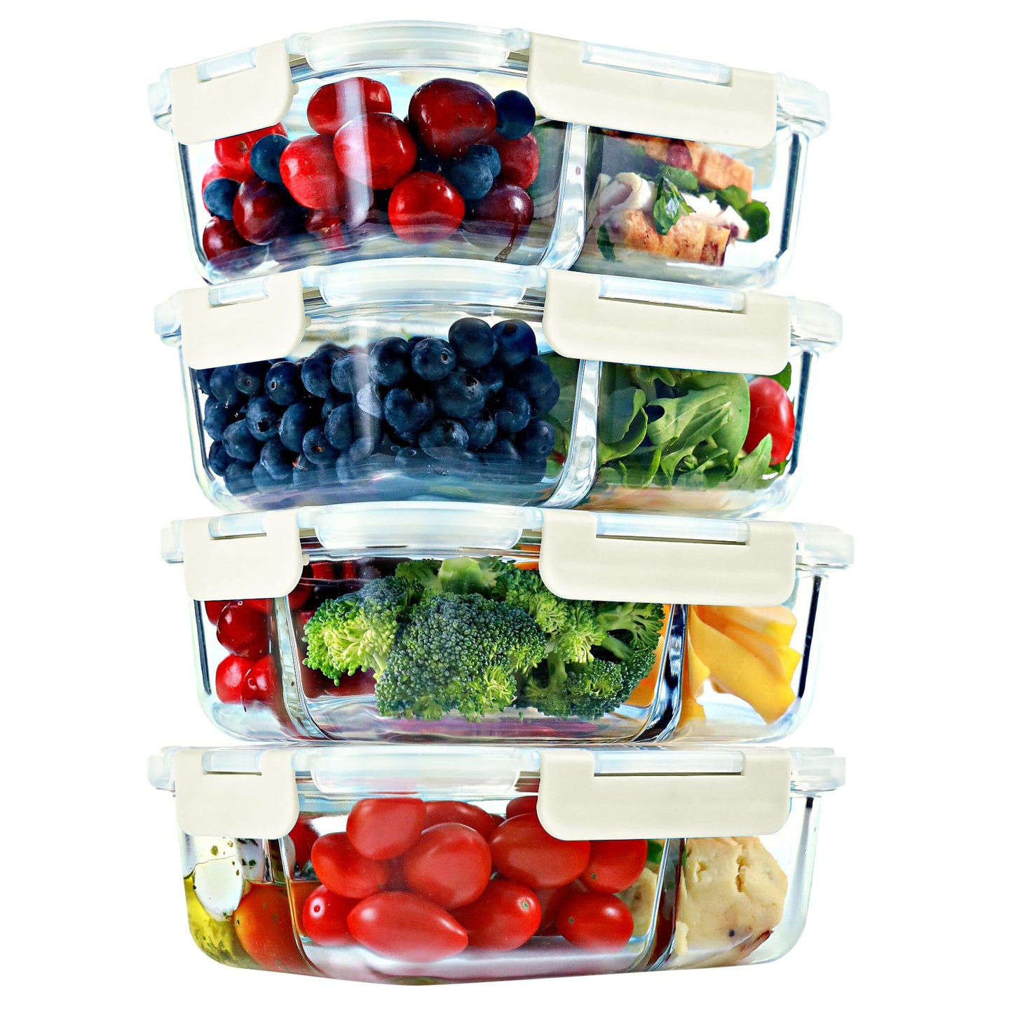 FIT Strong & Healthy 2 & 3 Compartments Glass Meal Prep Containers – Portion Control Containers, Food Storage w/Lids, Freezer Safe, Leak-Proof Glass Lunch Box with Compartments, 32 oz, Beige, 4 Pack