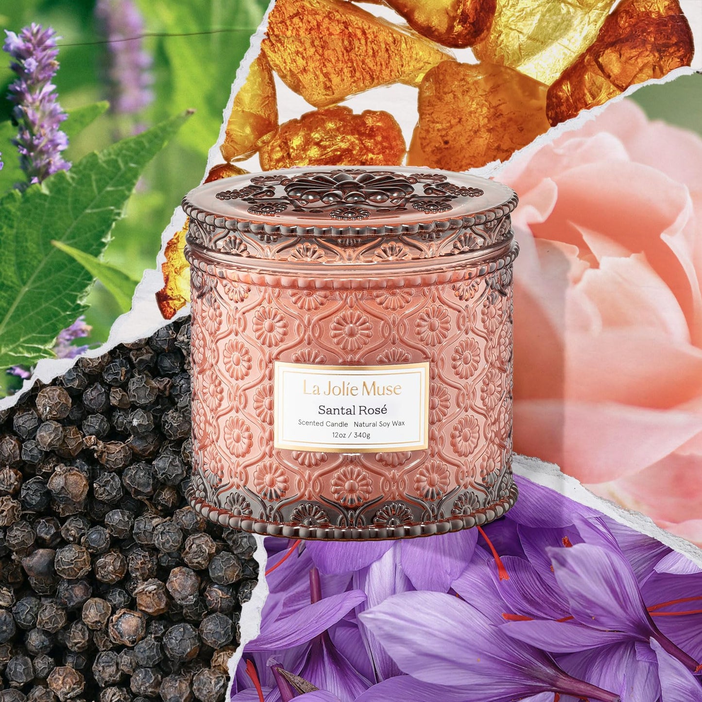 LA JOLIE MUSE Santal Rosé Candle - Saffron, Rose, Patchouli | 12 oz Large 2-Wick Soy Wax Candle | 60 Hours Clean Burn | Gift-Ready for Hosts & Gatherings | Elegant Home Décor