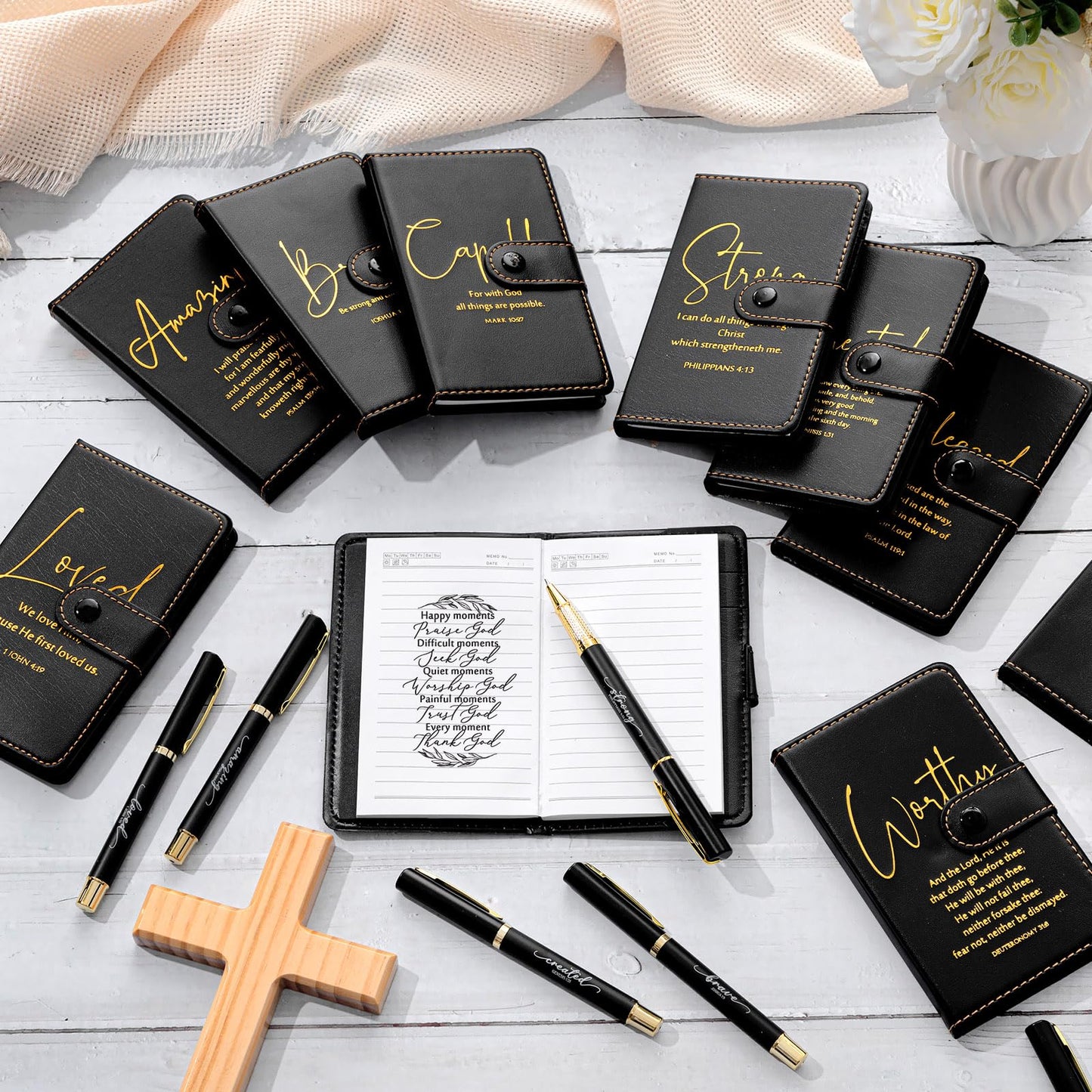 Spakon 10 Sets Fathers Day Christian Gifts Bulk for Church Men Women Religious Leather Notebook Prayer Journal with Pen Bible Study Group Scripture Teacher Dad Husband (Bible Verse,Black)