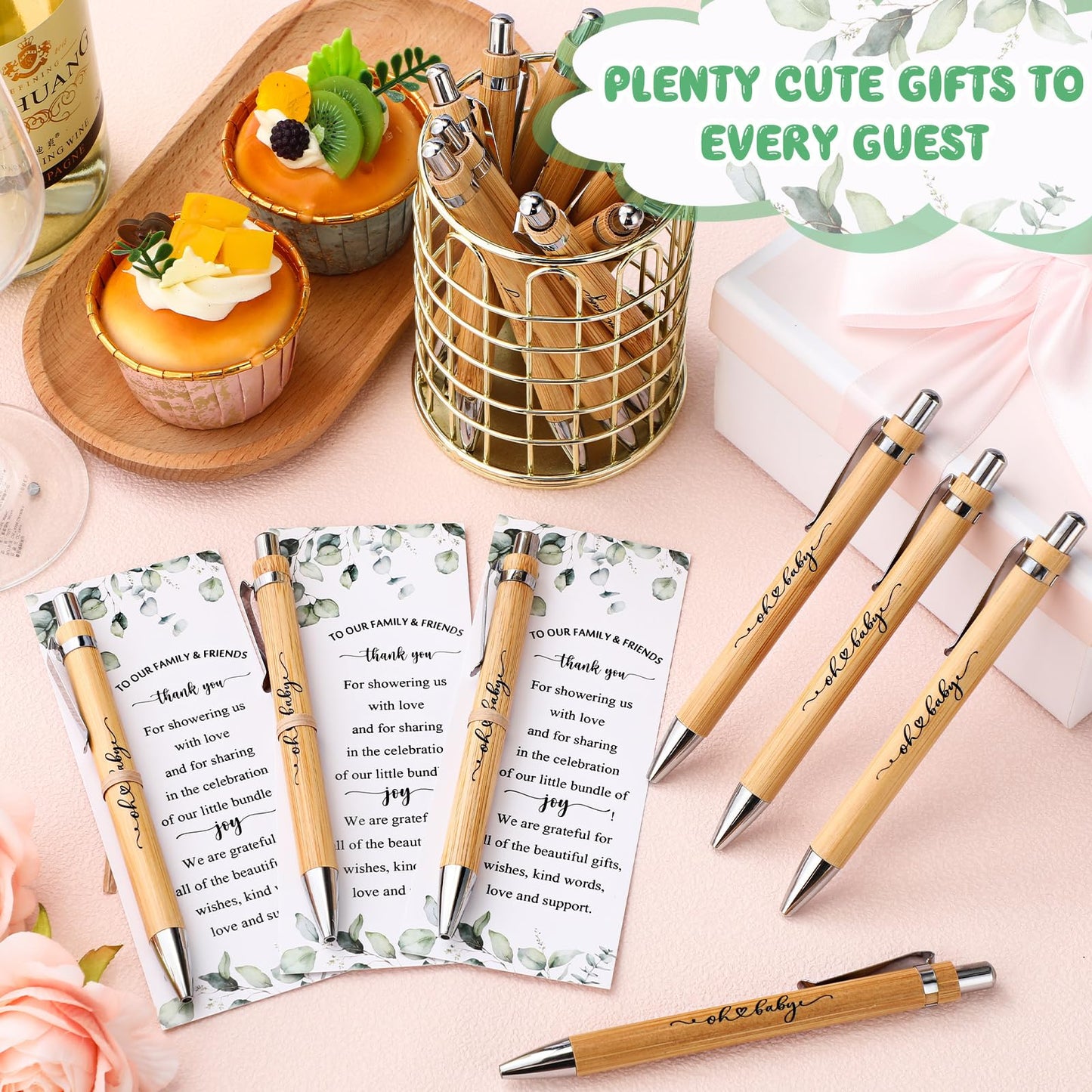 Yeaqee 100 Sets Greenery Baby Shower Pen Gifts for Guest Greenery Woodland Baby Shower Favors Retractable Pens Bamboo Pens Gender Reveal Greeting Cards Souvenirs Prizes