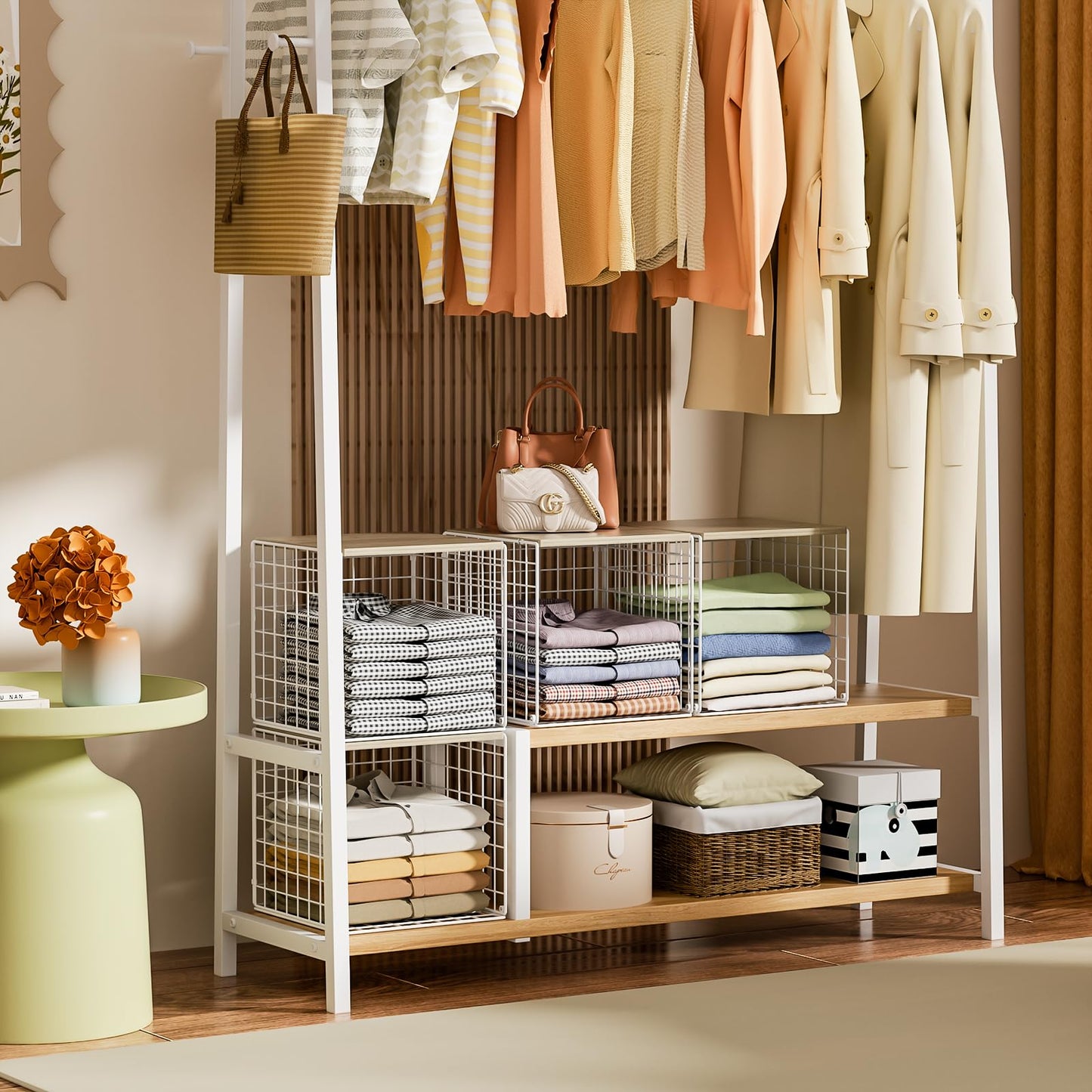 Hencawima 4 Pack Closet Organizers and Storage with Wood Top, Stackable Closet Shelf Organizer, Double Storage Design, Clothes Storage Basket/Cube Organizer for Wardrobe, Sturdy, White