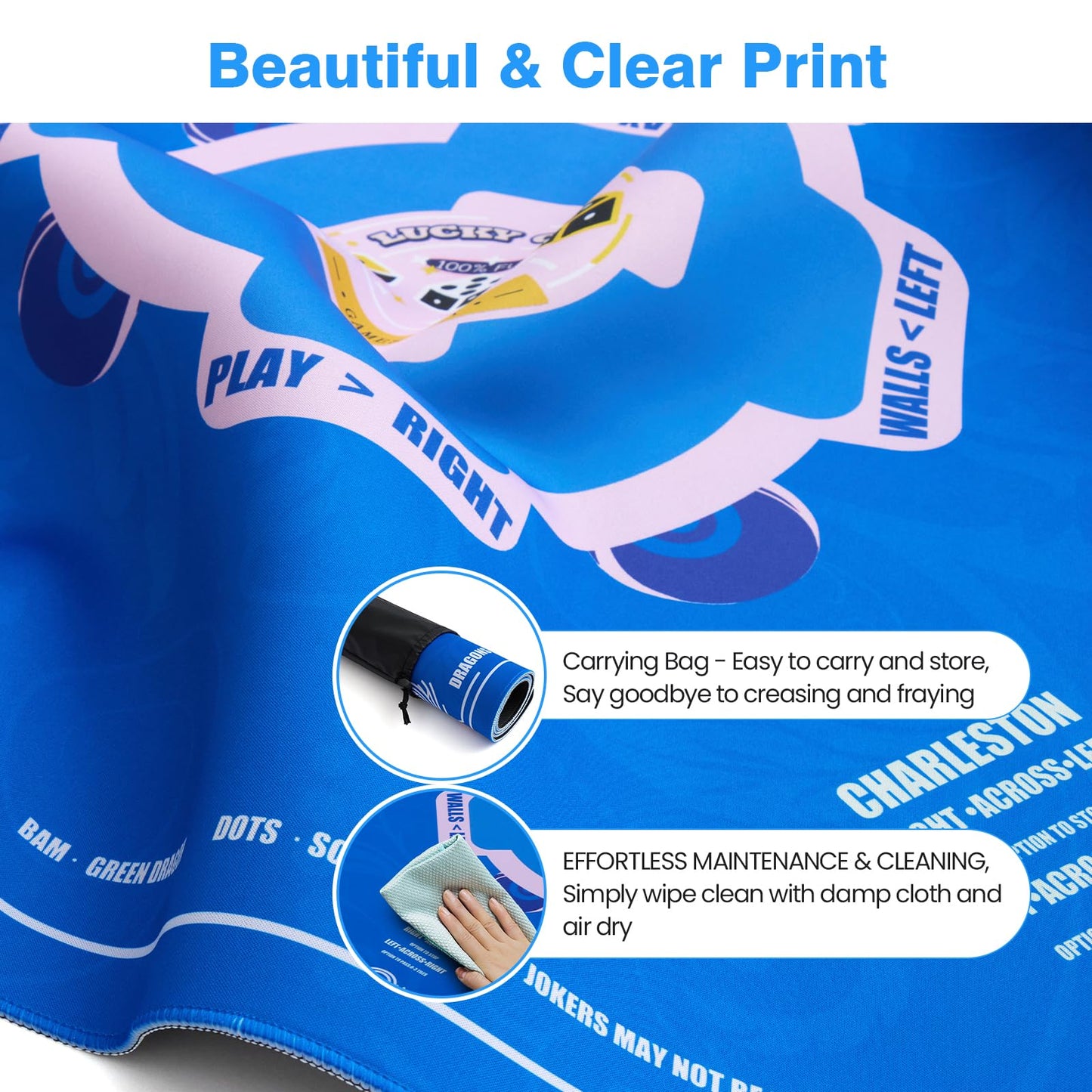 Mahjong Mat (33"x33") Noise Reduction Non-Slip, American Mahjong Mat for Table with 3 Dice & Carrying Bag, Waterproof Surface Mah Jongg Mats for Poker, Card, Dominoes, Board & Tile Games (Blue)