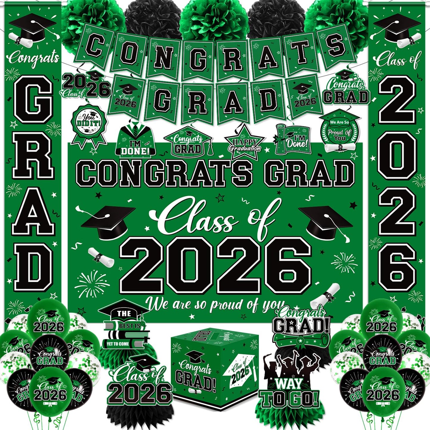 Graduation Decorations 2026 Green Party Decor Set with Congrats Grad Banner, Class of 2026 Backdrop, Balloons, Box & Streamers Supplies for High School & College Celebrations