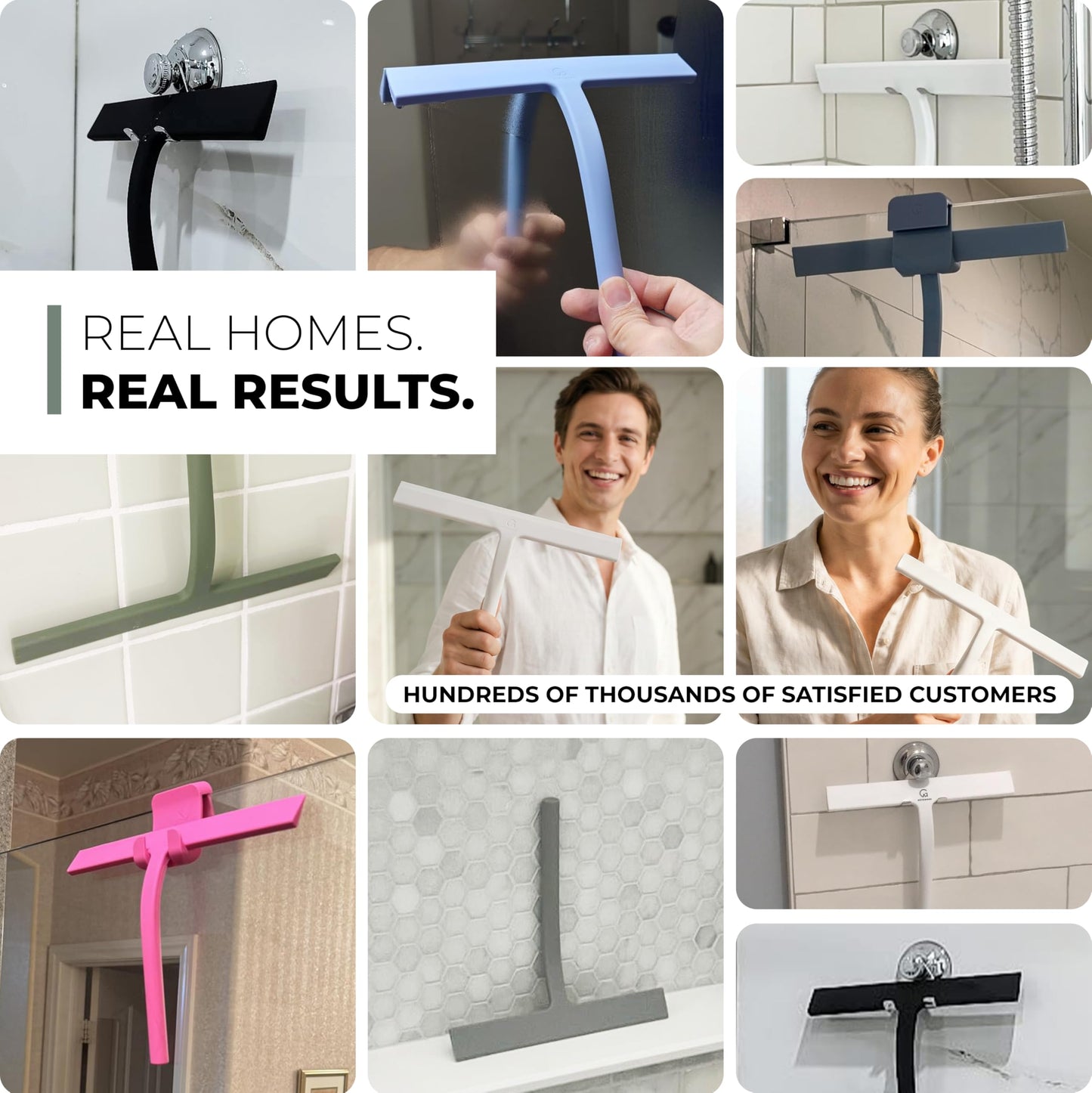 GÜTEWERK Silicone Shower Squeegee for Glass Doors & Mirrors with Stainless Steel Core, Streak-Free & No-Squeak Window Cleaning, 3-in-1 No-Drill Mount (Hook/Suction/Adhesive),White, 11 Inches