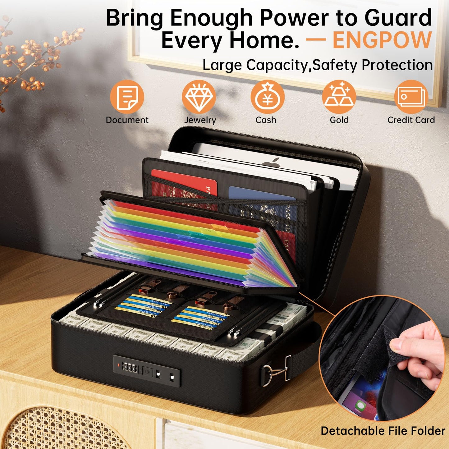 ENGPOW Fireproof Document Box with Lock, Fireproof Water Resistant Hard Case File Organizer Safe Box with Multi Pockets, Protects Important Documents Certificates Laptop Passports (Black)