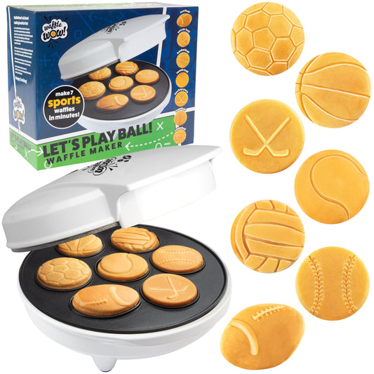 Sports Waffle Maker- Make Breakfast a Slam Dunk- Bakes 7 Themed Pancakes Including Football, Baseball, Basketball, Soccer, Tennis & More- Electric Nonstick Waffler w Recipes- Kids Team or Coach Gift