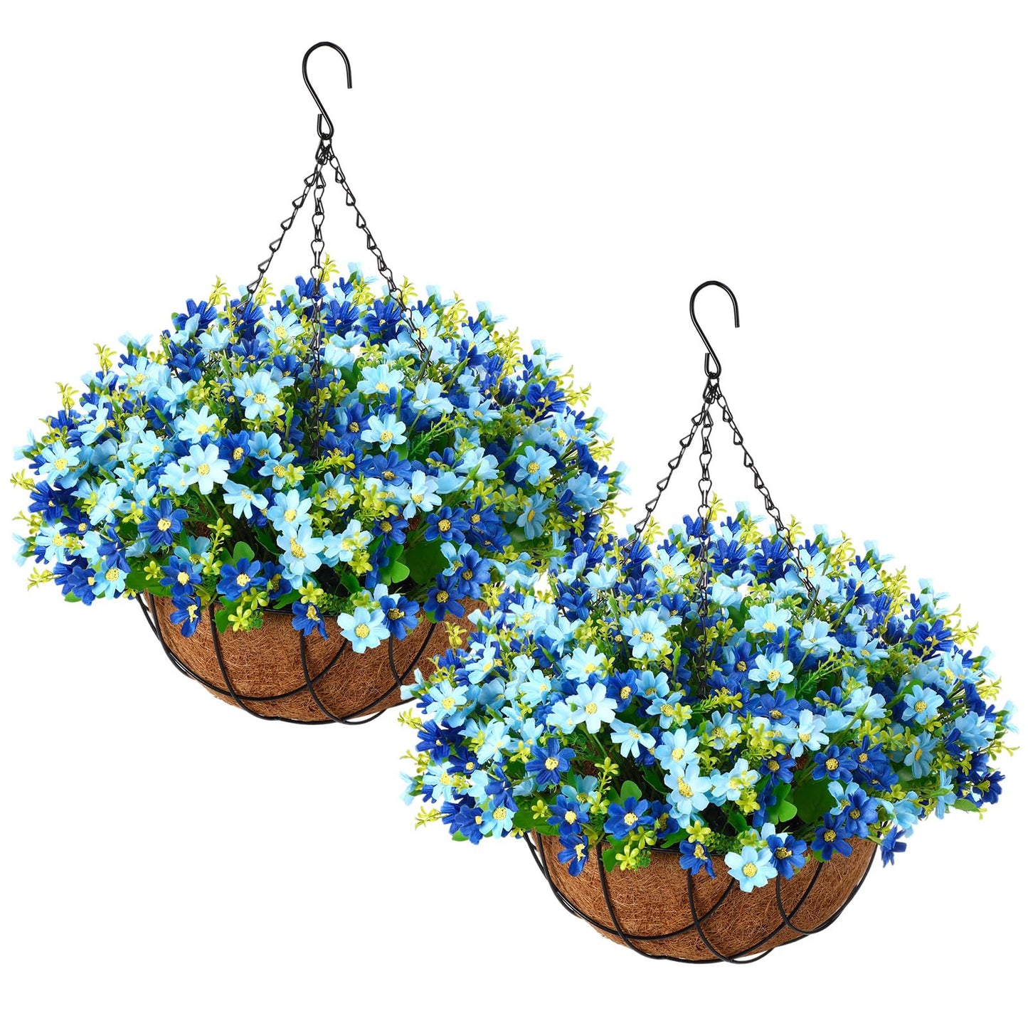 Hotop 2 Pack Artificial Hanging Baskets with Flowers for Outdoors Fake Hanging Plants for Spring Summer Porch Home Decoration Artificial Daisy Flower Arrangement in Coconut Lining Baskets(Blue)