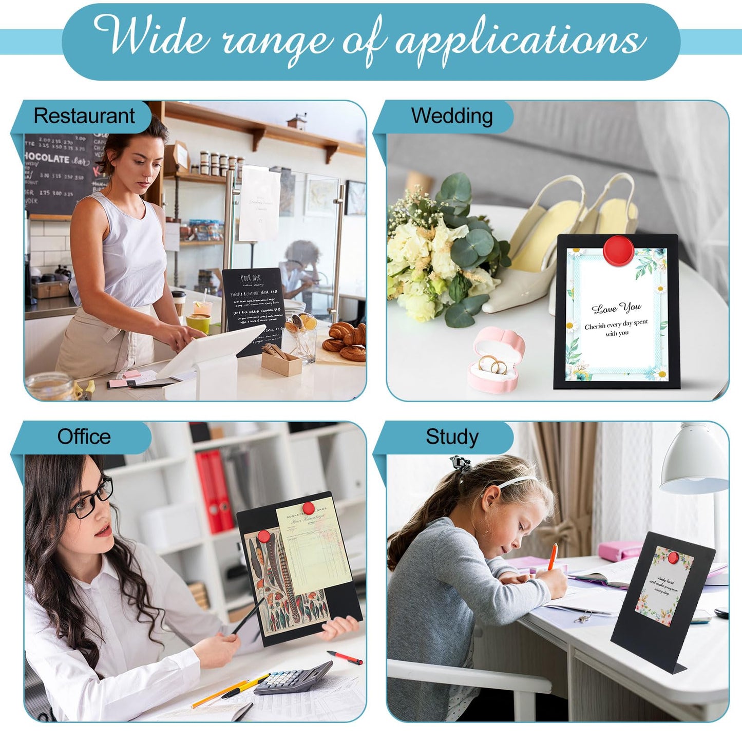 Fainne 4 Pcs Magnetic Bulletin Board with Easel Stand Mini Magnet Metal Tabletop Memo Display Board for Back to School Menu Table Office Supplies (Black,6 x 8 Inches)