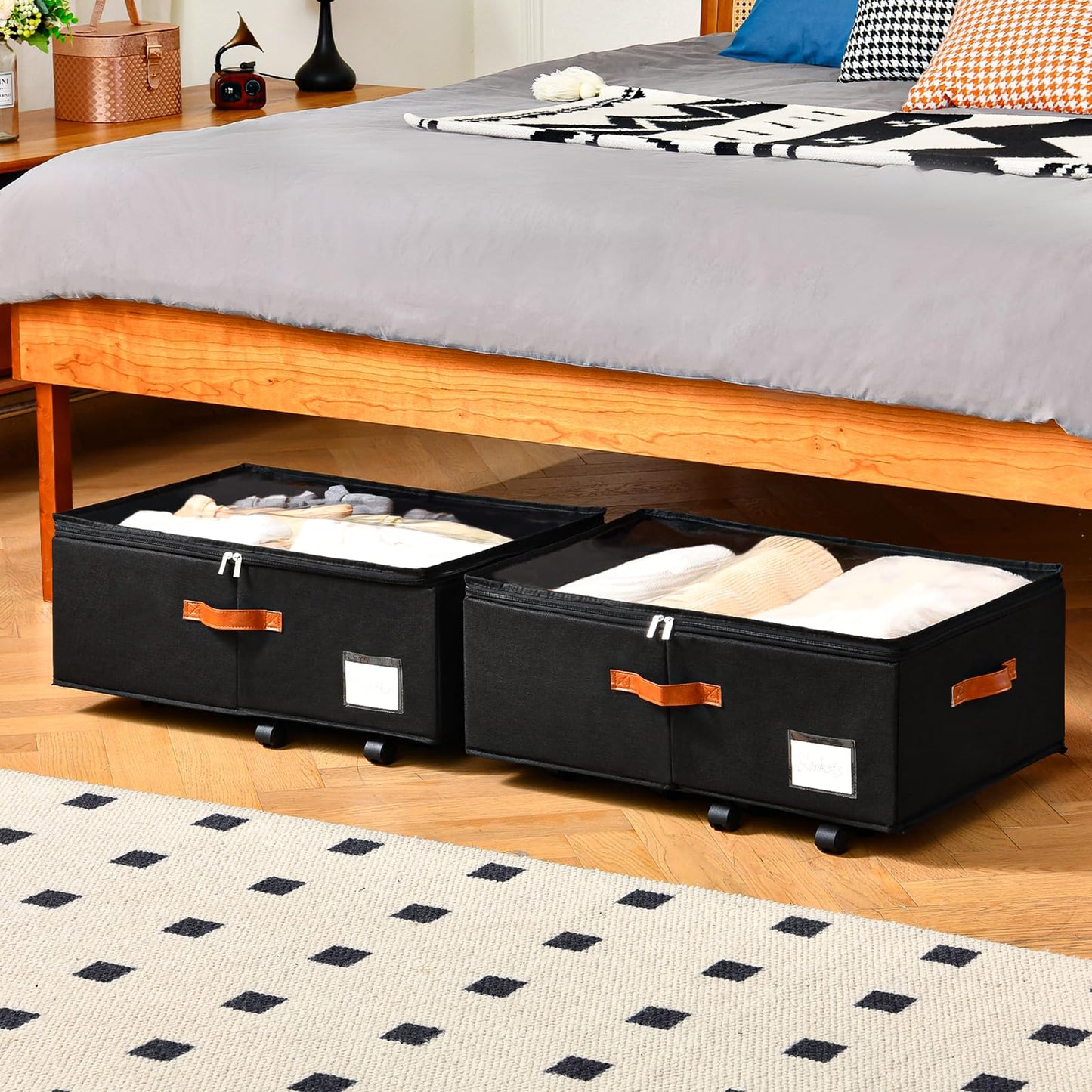 Freebat Under Bed Storage Organizer with Wheels, Underbed Container with Clear Lid Cover, Storage Bag Box with Visiable Window for Clothes, Bedsheet, Pillow, 2 Pack