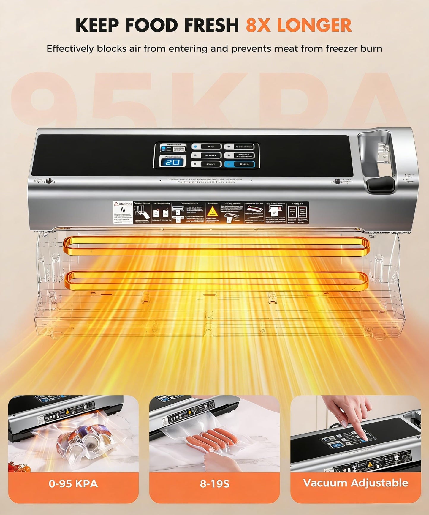 Food Vacuum Sealer Machine, 95KPa Powerful Food Saver with Dry/Moist/External Vacuum Modes, Built-in Cutter & Bag Storage, Single/Double Sealing, 1 Bag & 15 Pre-cut Bags