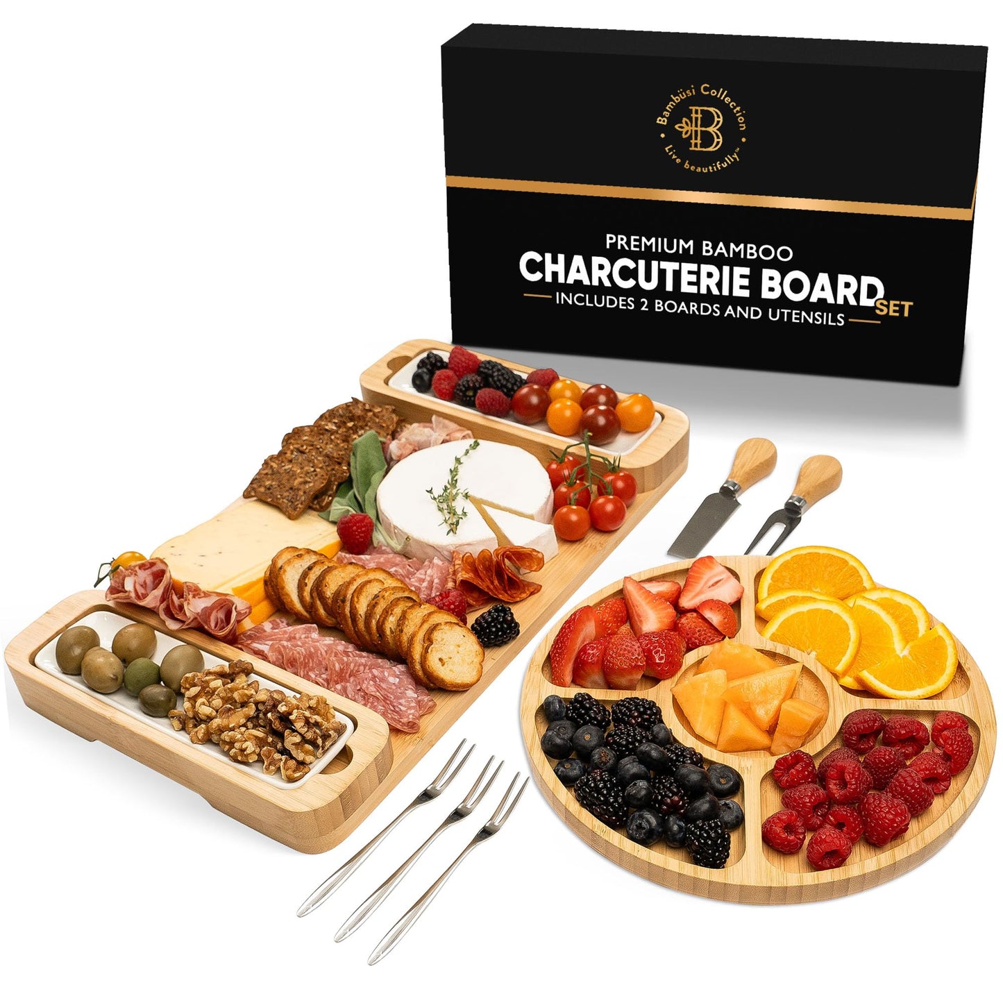 Charcuterie Boards Gift Set - Large Bamboo Cheese Board with Serving Tray, Knives and Bowls for Meat, Cheese and Crackers, for Mom, Housewarming, Wedding, Birthday Gifts for Women