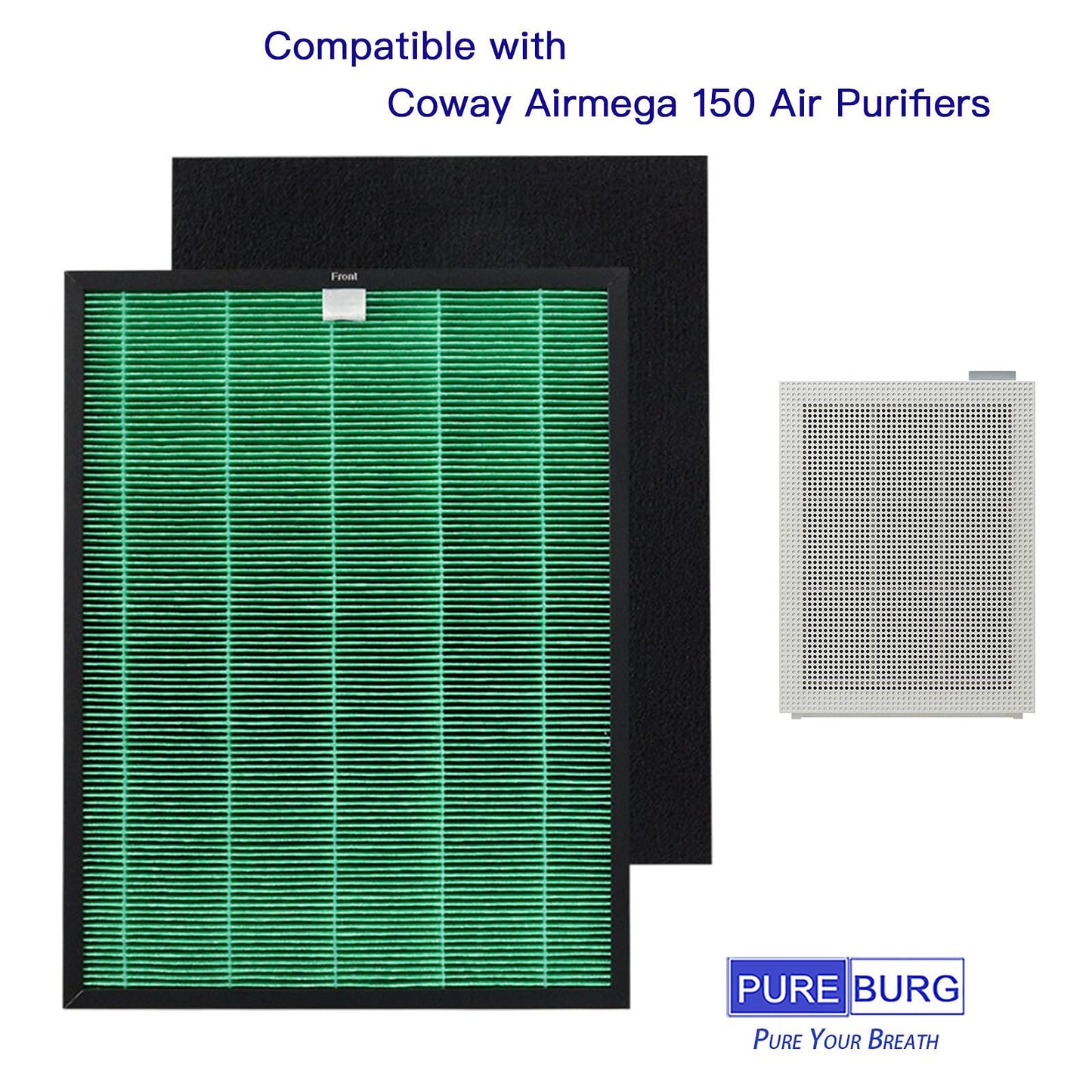 PUREBURG Replacement Filter Compatible with Coway Airmega 150 AP-1019C & Airmega 160 Air Purifiers, 2 H13 True HEPA and 8 Activated Carbon Pre Filter, 10 Piece Pack