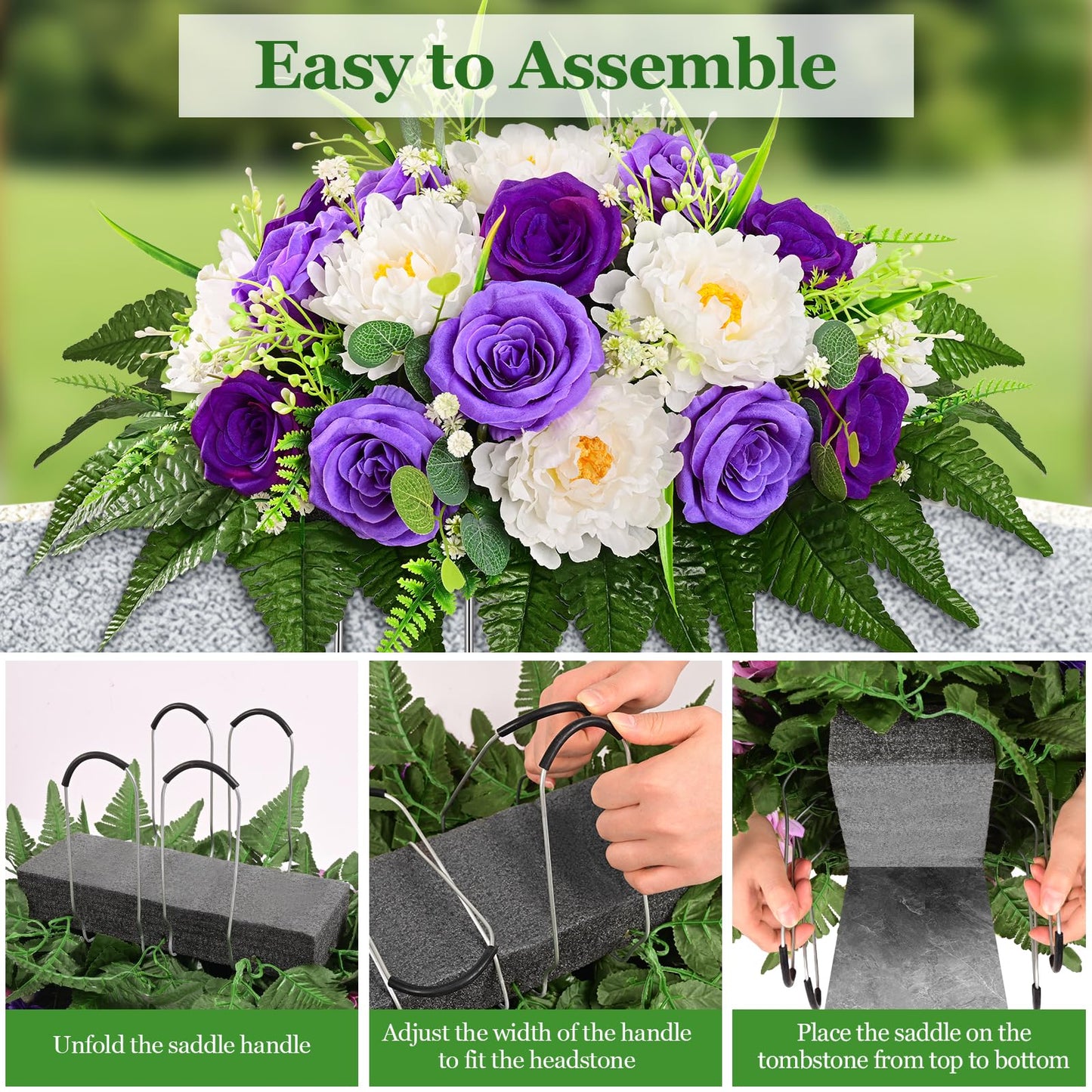 Yastouay Headstone Flower Saddle, Artificial Cemetery Flowers for Grave, Realistic Memorial Day Flowers with Peony Rose, UV Resistant Grave Decorations for Cemetery, Easter Mother’s Day (Purple)