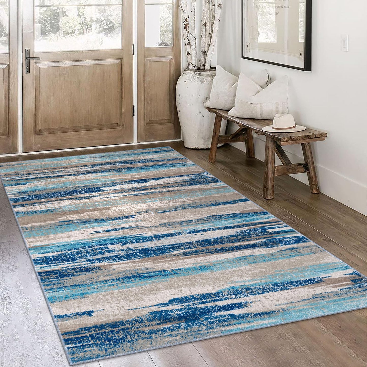 Lansny Modern Abstract 4x6 Living Room Washable Rug Non-Slip Soft Bedroom Area Rug Blue Thin Print Faux Wool Floor Carpet Throw Rugs for Nursery Playroom Dining Room Indoor Office Home Decor