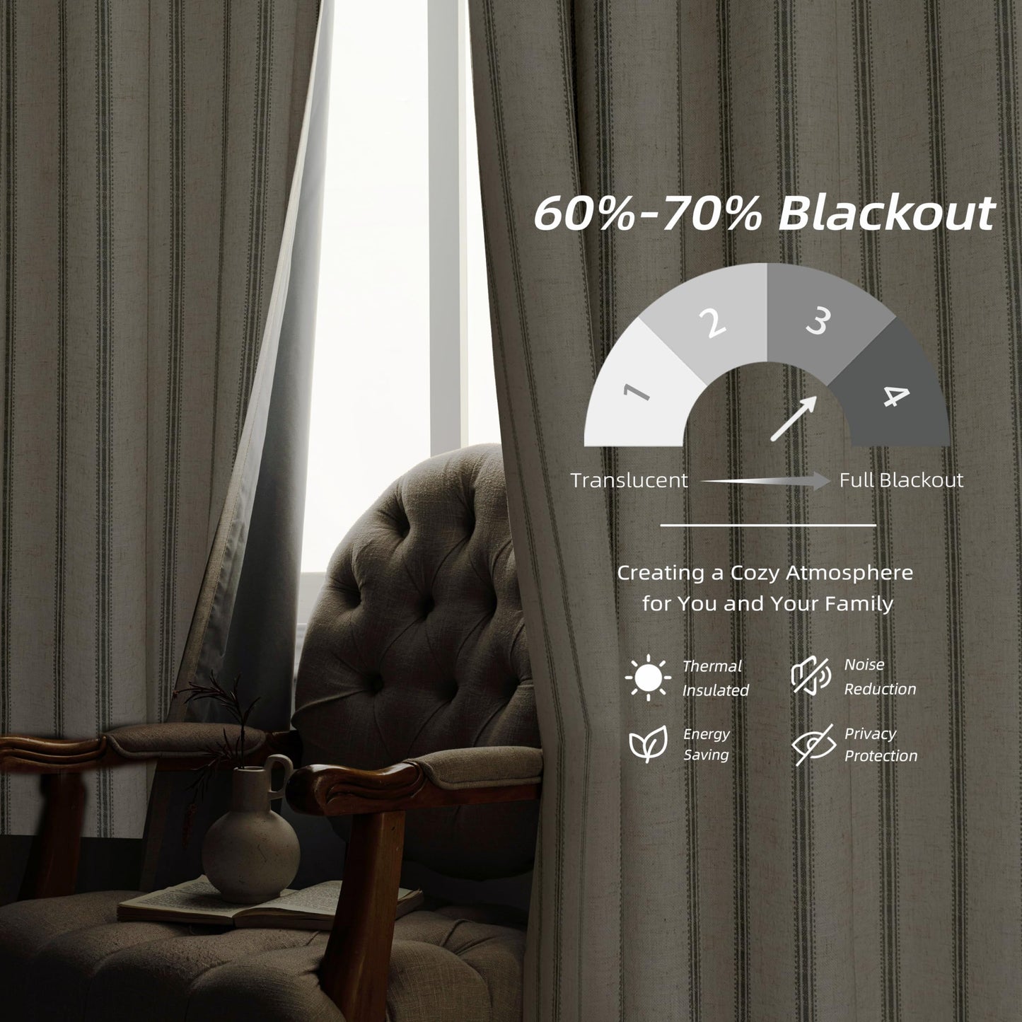 DriftAway Farmhouse Linen Blackout Curtains 84 Inches Long for Bedroom Striped Double Layer Thermal Insulated Sound Reducing Lined Grommet Rustic Drapes for Living Room 2 Panels W52 x L84 Loden Green