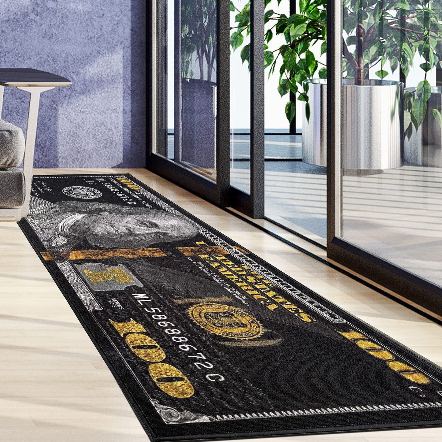 HUAHOO Black Money Rugs 100 Dollar Bill Cool Area Rug Door Mat Runner for Living Room Bedroom Indoor Outdoor Rug (31.5" x 78.7")