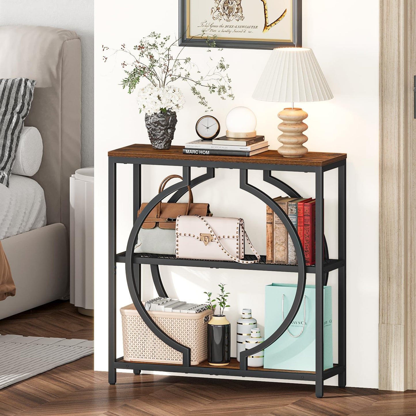 Snughome Entryway Table with 3 Tier Storage Shelves, Narrow Console Table Industrial Sofa Table with Circle Base, Behind The Couch Entrance Table for Hallway, Living Room, Foyer