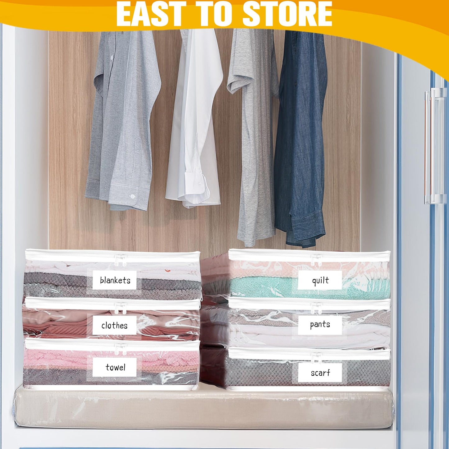 Plastic Storage Bags with Easy-Glide Zipper, Pack of 6, Durable Clear Vinyl Zippered Storage Bags for Clothes Sweaters Comforters Blankets Sheets Bedding (15.7 x 13.8 x 3.9 Inch, White)
