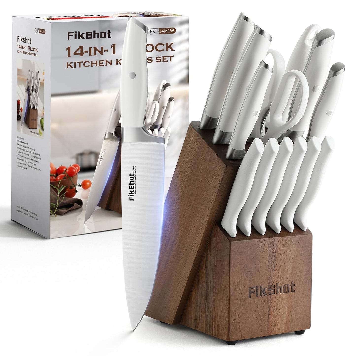 Fikshot 14-Piece Knife Set – German High Carbon Stainless Steel, Professional Chef Knives with Block & Sharpener, Elegant White, Dishwasher-Safe, Modern Kitchens, Ideal Gift for Chef & Father's Day