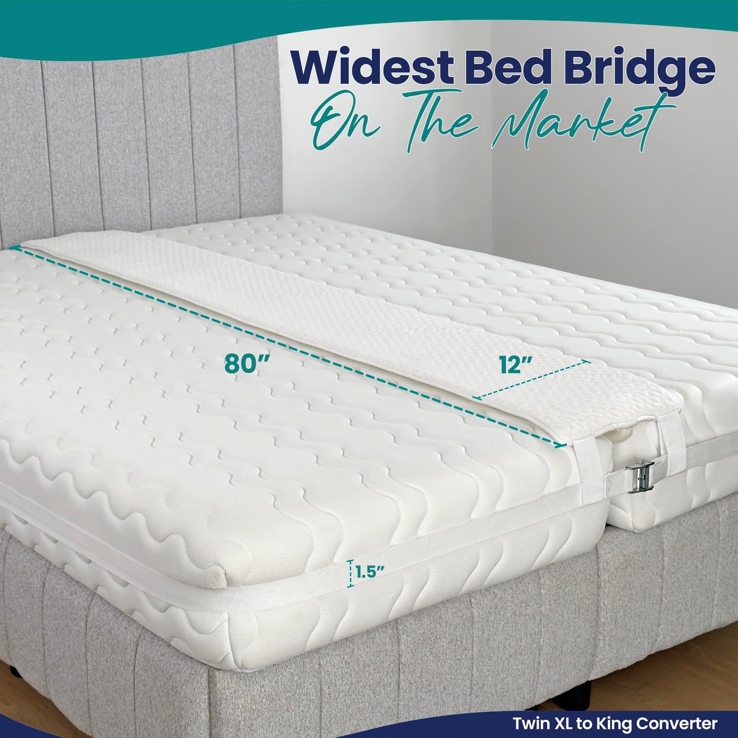 EPHEDORA 12" Extra Wide Bed Bridge Twin XL to King Converter Kit - Split King Gap Filler for Adjustable Bed - Mattress Connector & Gap Filler for Bed - Heavy Duty Metal Buckle Strap - 25D Memory Foam