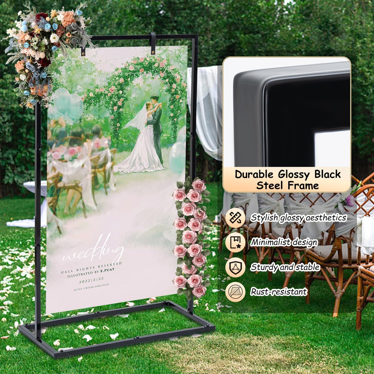 WEIDLUDOR Elegant Wedding Sign Stand & Holder，Black Heavy Duty Metal Wedding Welcome Sign Stand for Reception，Welcome to Our Wedding Hanging Sign Stand - Perfect for Seating Chart, Posters, and Decor