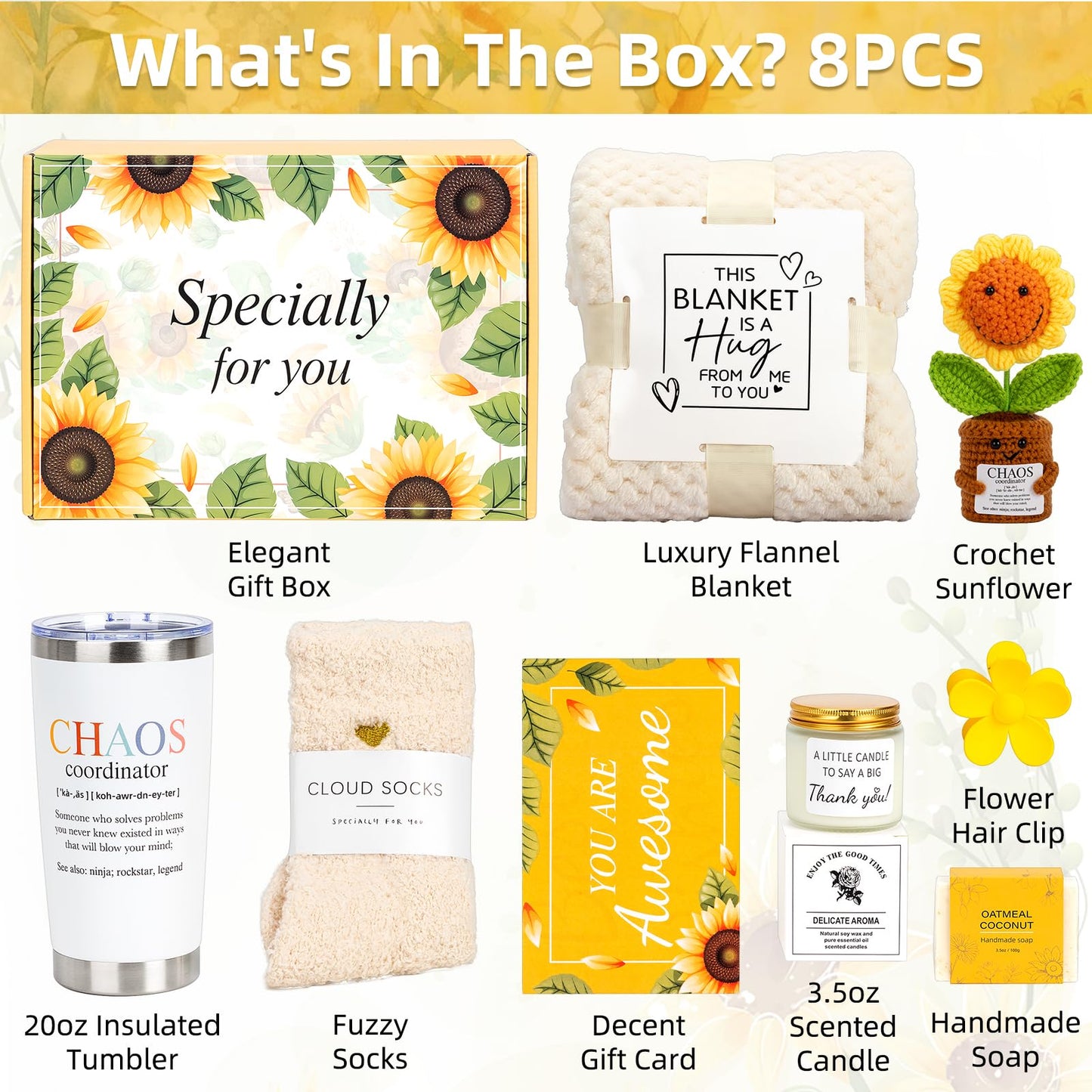 Chaos Coordinator Gifts for Women, Thanks Gifts Sunflower Thank You Gift Baskets for Manager Coworker Employee Mentor Appreciation, Birthday, Mom Friends Teachers Nurse, Get Well Soon Baskets