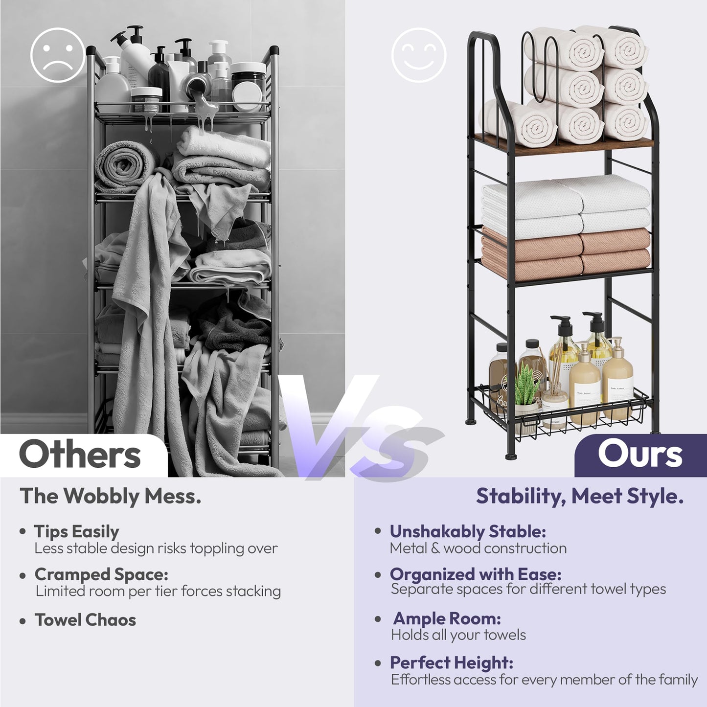 SWTYMIKI Free Standing Towel Rack - 3 Tier M-Shaped Detachable Dividers Towel Shelf for Bathroom, Durable Metal Pool Towel Holder, Modern Space-Saving Bath Towel Storage Organizer