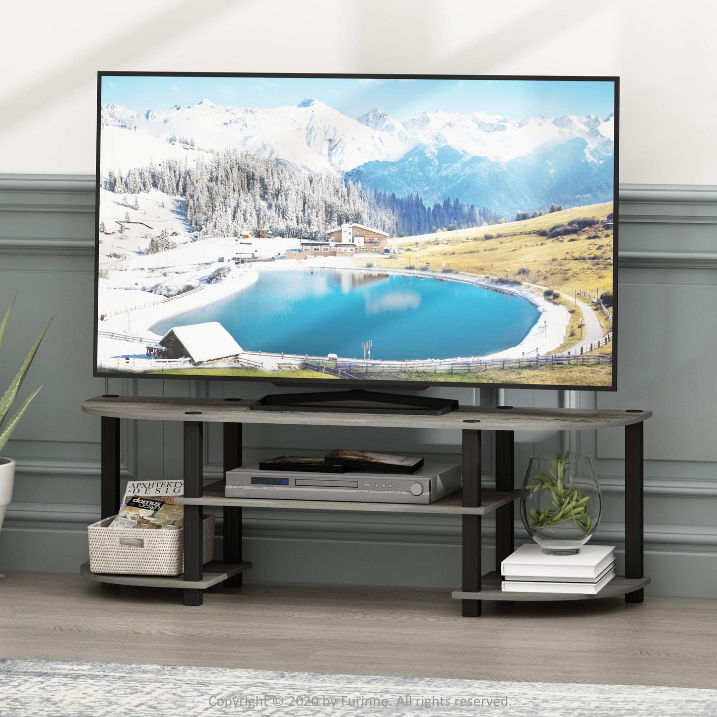 Furinno TURN-S-TUBE TV Stand, Wide Entertainment Center, TV Console for TV up to 55 Inch, for Living Room, Bedroom, Oak Grey