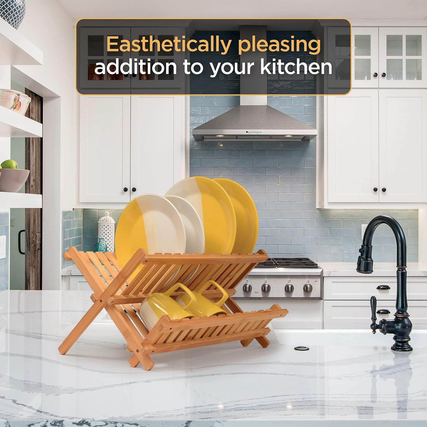 Bambüsi Dish Drying Rack - Collapsible Bamboo 2 Tier Foldable Wooden Dish Drainer for Countertop, Plates Cups Bowls Utensils - Eco Friendly Folding Bamboo Dish Rack for Kitchen Apartment RV Home Small