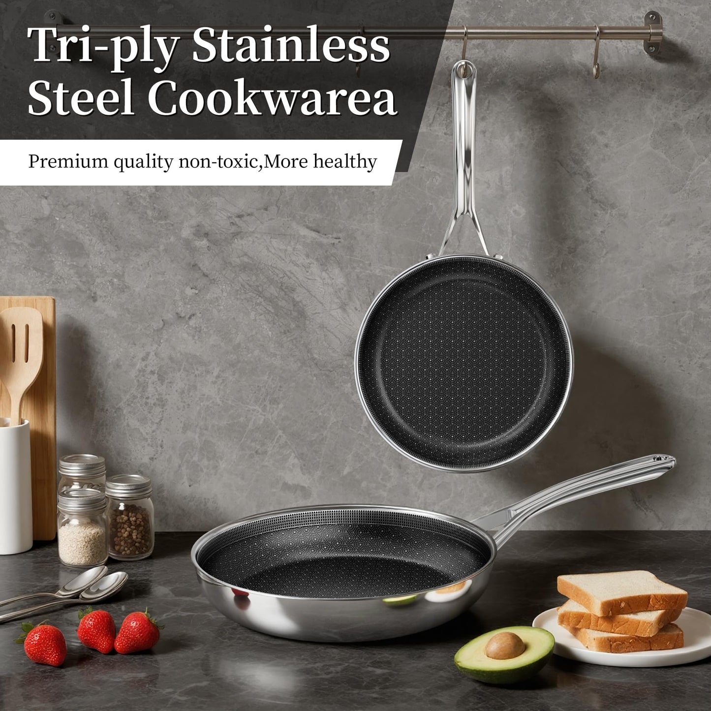 CADIVIZZO Non Stick Frying Pan 11 Inch,Stainless Steel Ceramic Skillet,Nonstick Cooking Pan,PFAS PFOA PTFE Free&Non Toxic,Induction Compatible-Gas&Electric Stovetops,Oven&Dishwasher Safe, Chef's Pan