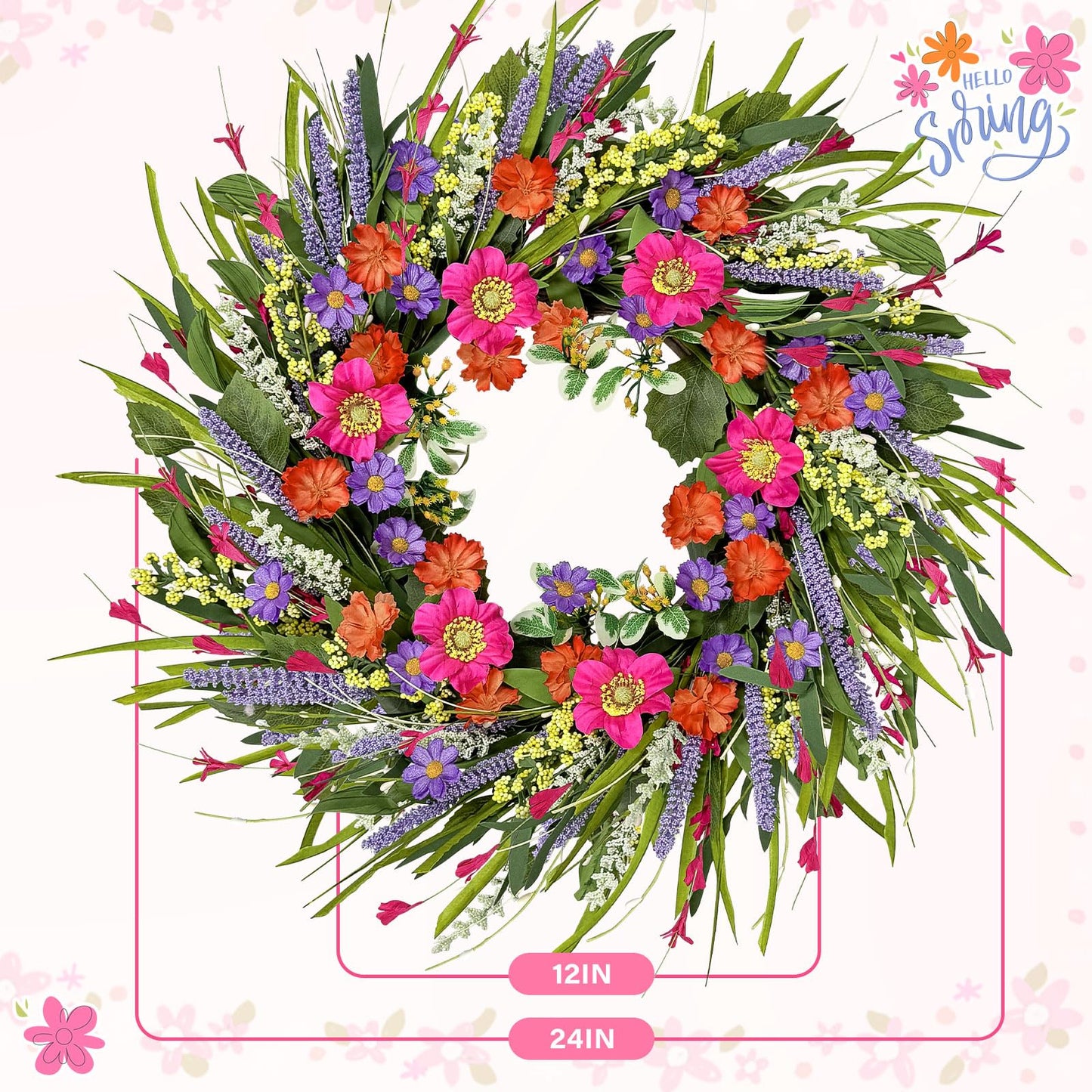 Spring Wreaths for Front Door 24 Inch with Vibrant Lavender and Daisy, Large Spring & Summer Wreath for Door Outside, Year Round Farmhouse Wedding Window Wall Decor, Housewarming Gift
