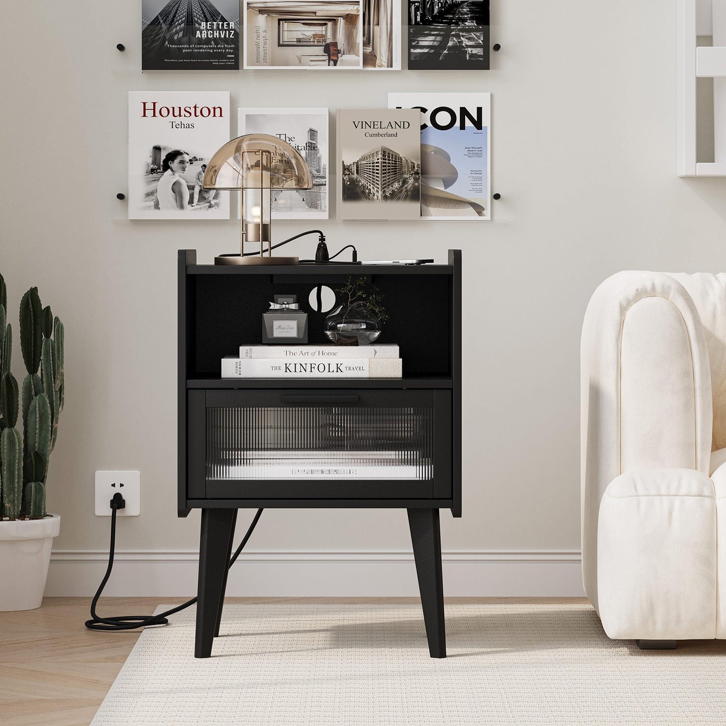 MMEOLUOOK Nightstand with Charging Station, Bedside Tables, End Table Side Table with 2 Tiers Storage Space, for Bedroom, Living Room, Black CAMLBZ07BE
