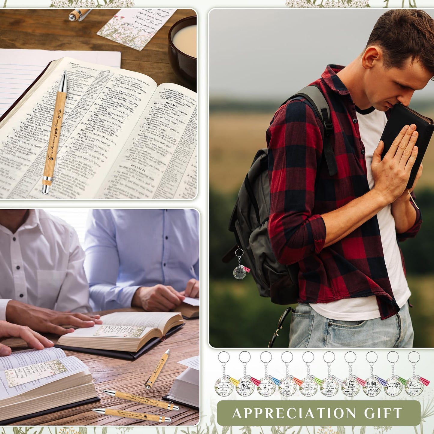 Spakon 50 Sets Fathers Day Christian Gifts Bulk Bible Verse Bamboo Pen Christian Floral Keychain Inspirational Bookmark Religious Church Gift for Church Members Women Sunday School Teacher (Bible)