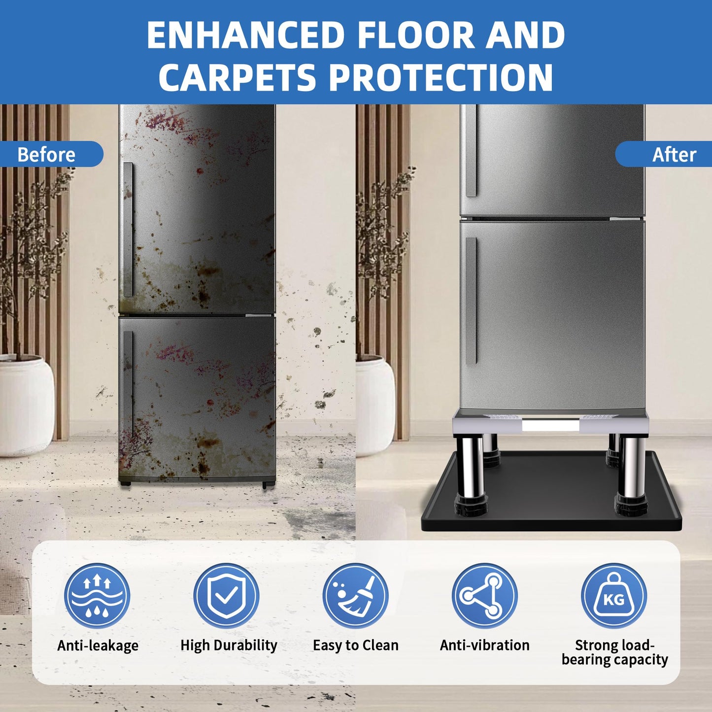 Mini Fridge Stand with Silicone Mat, Adjustable Refrigerator Stand with 4 Stainless steel Feet, 24''x 24'' Dorm Fridge Stand Protect From Appliance Leaks for Fridge, Washer, Dryer(11.4"-12.6" High)