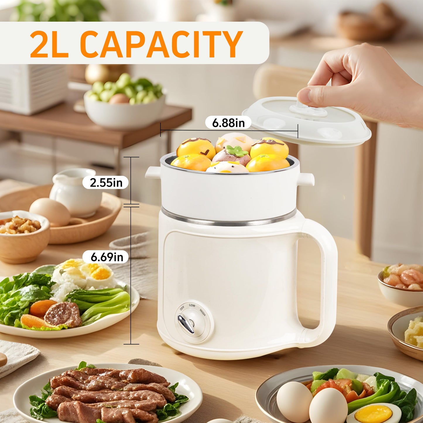 Ksalinameslon Electric Hot Pot with Steamer: 2.0L Ramen Cooker, Multifunctional Stainless Steel Electric Pot, Portable, Dual Power Adjustment for Dorm, Office, Travel